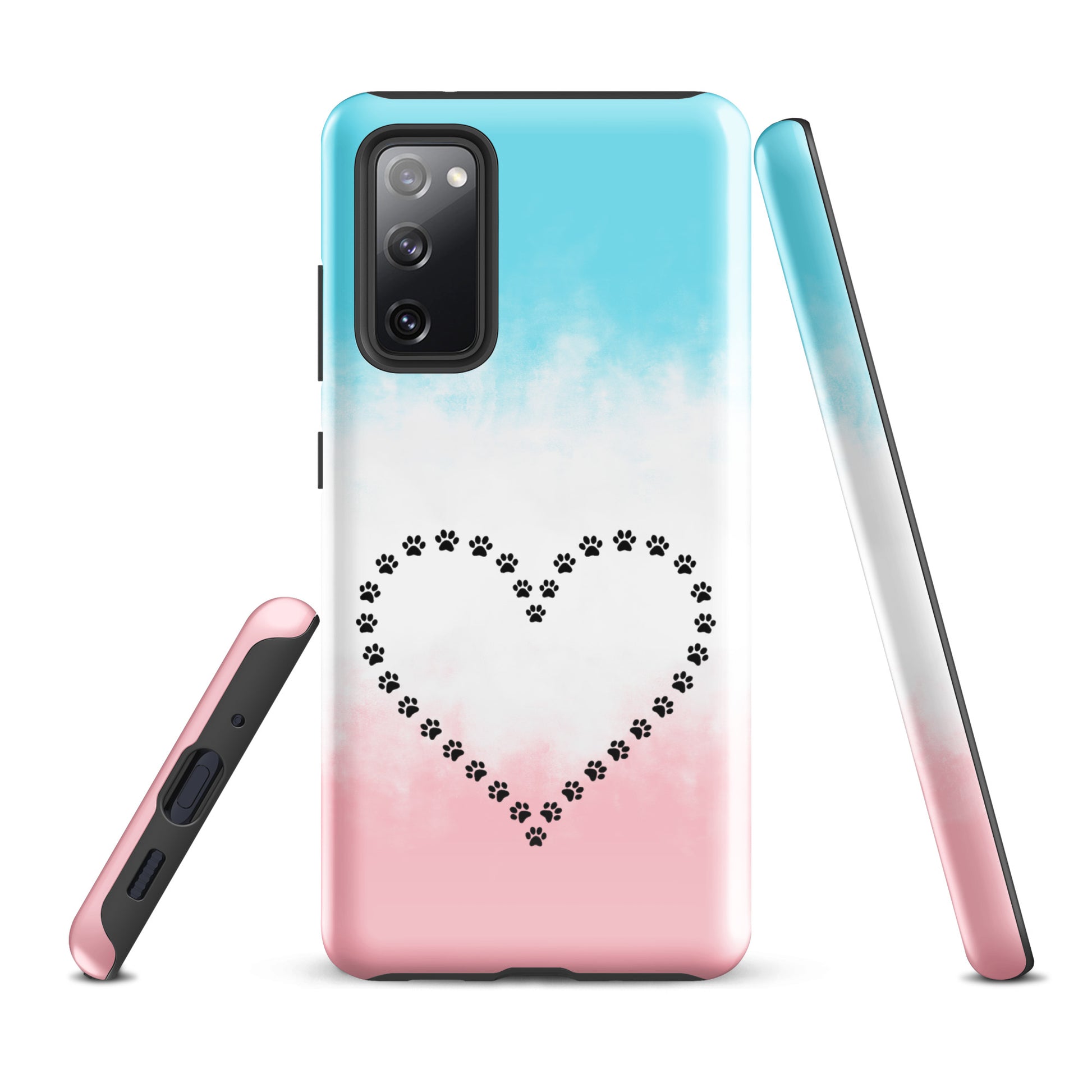 Phone Case for Samsung Galaxy with paw print heart design in blue, white, and pink, perfect for pet lovers seeking stylish protection.