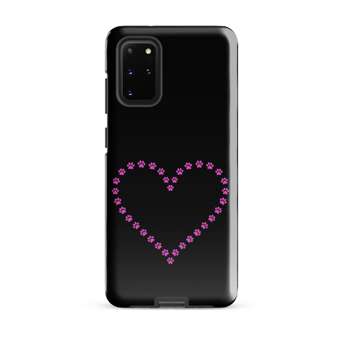 Phone Case for Samsung Galaxy with pink paw print heart design for pet lovers, black background.