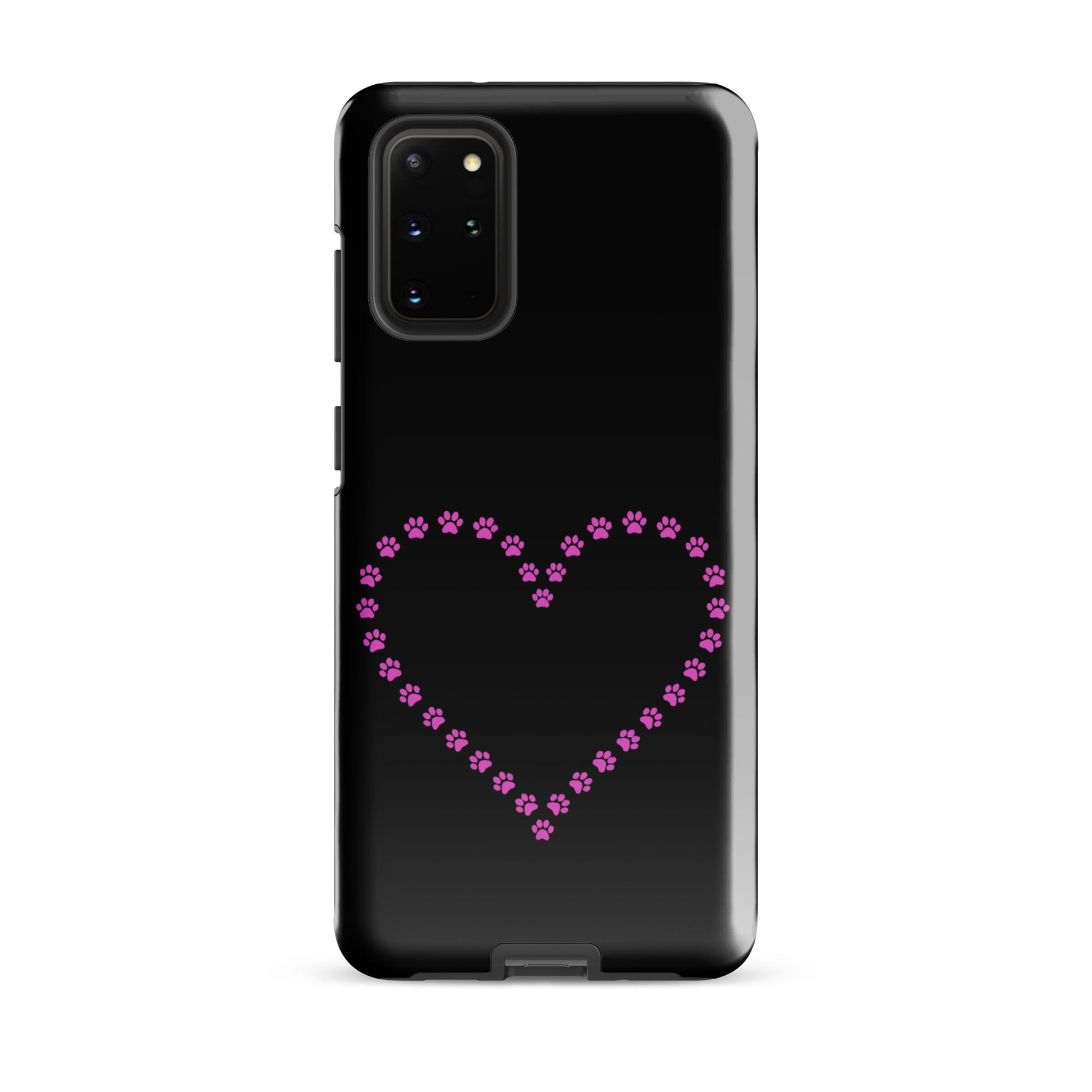 Phone Case for Samsung Galaxy with pink paw print heart design for pet lovers, black background.