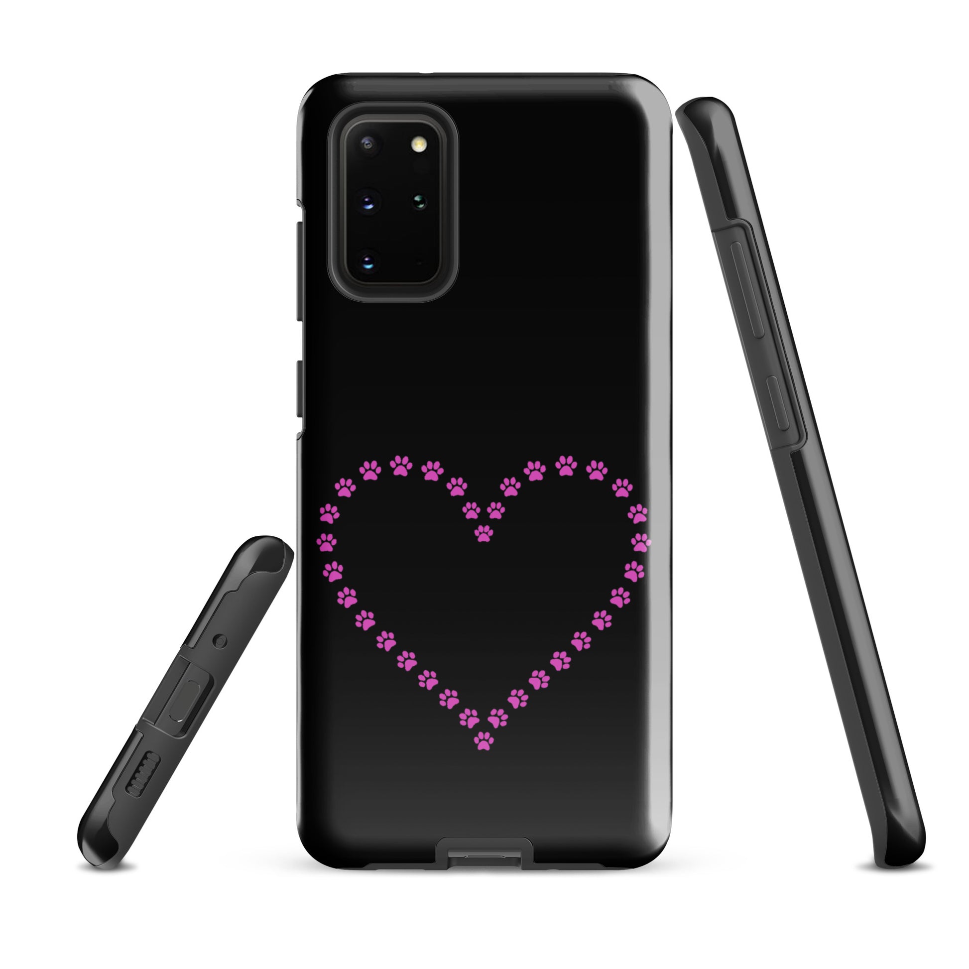 Phone Case for Samsung Galaxy with black and pink paw print heart design, ideal for pet lovers seeking durable protection and charm.