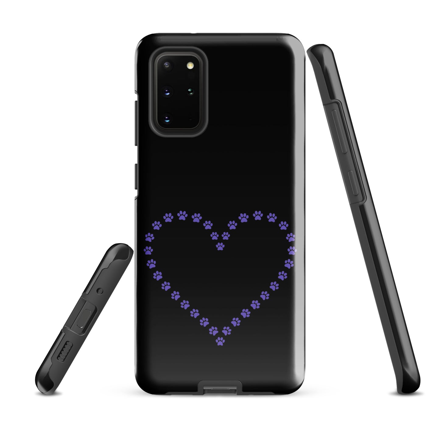 Phone Case for Samsung Galaxy with purple paw print heart design for pet lovers, black and durable protection.