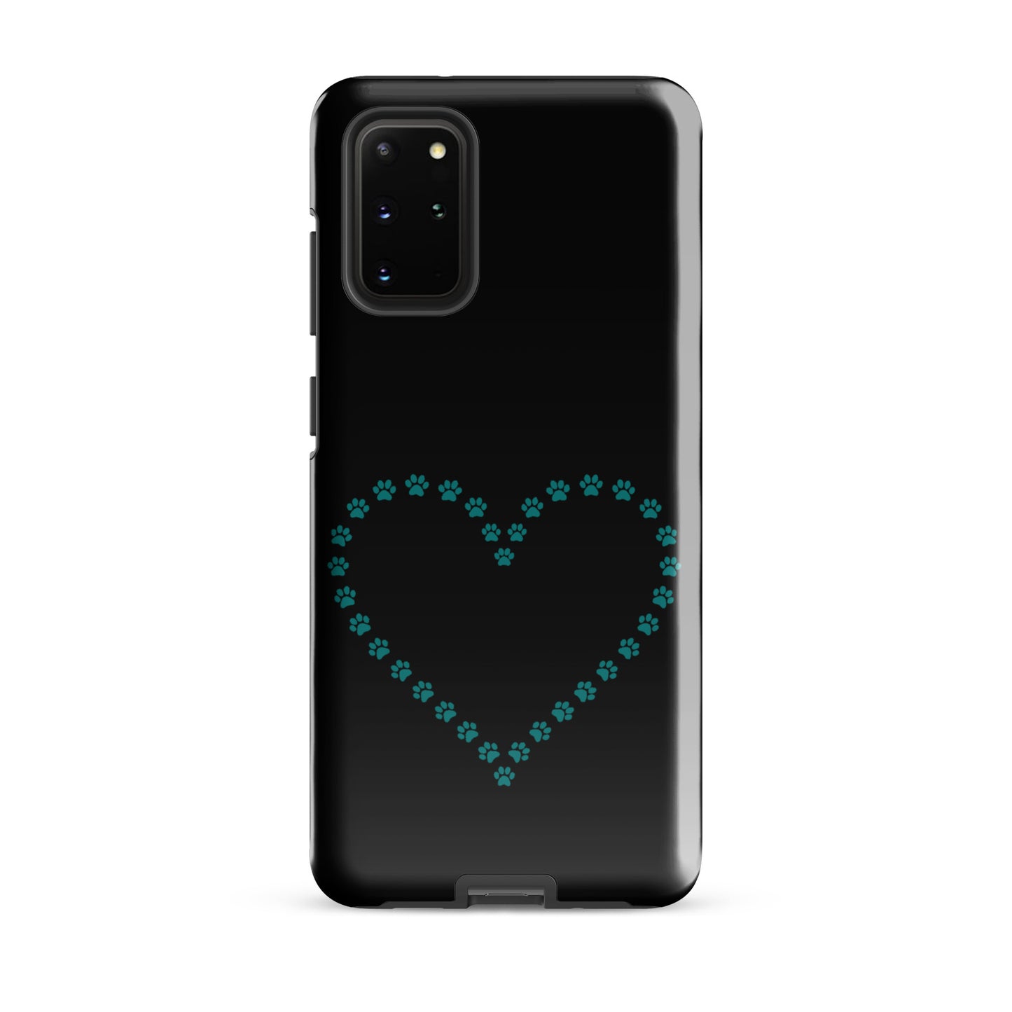 Phone Case for Samsung Galaxy with paw print heart design in black and teal, ideal for pet lovers seeking durable protection.