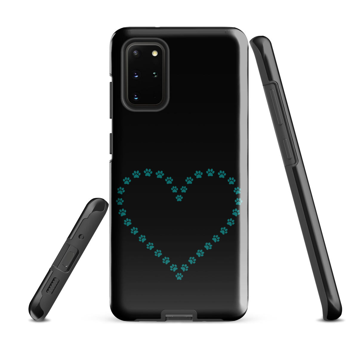 Phone Case for Samsung Galaxy with teal paw print heart design on black background for pet lovers.
