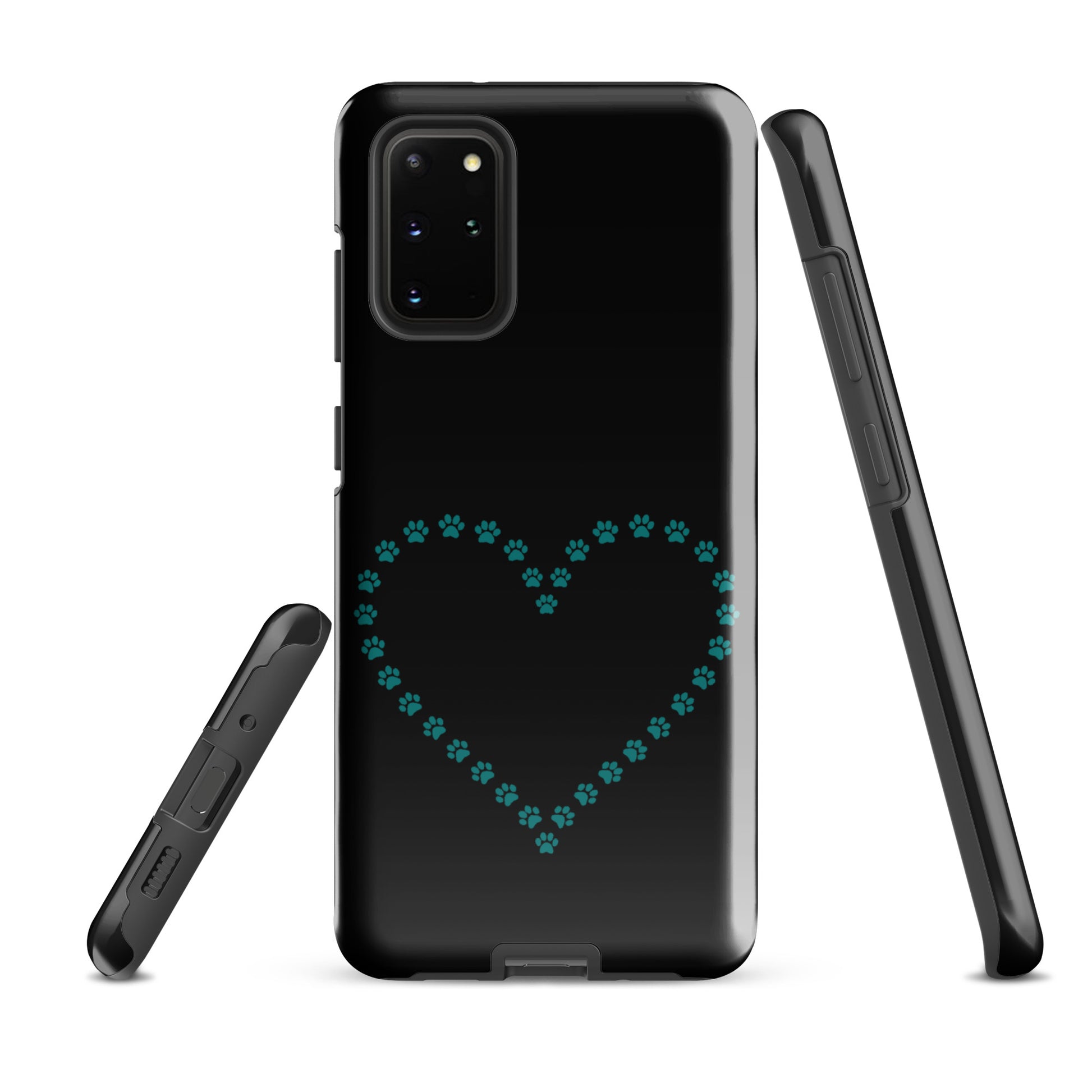 Phone Case for Samsung Galaxy with teal paw print heart design on black background for pet lovers.