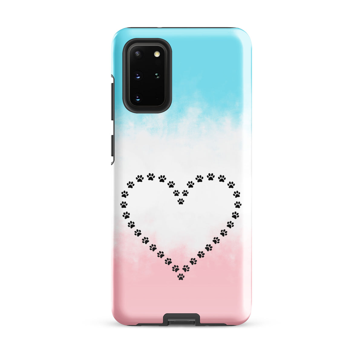 Phone Case for Samsung Galaxy with paw print heart design in blue, white, and pink, ideal for pet lovers looking for playful yet durable protection.