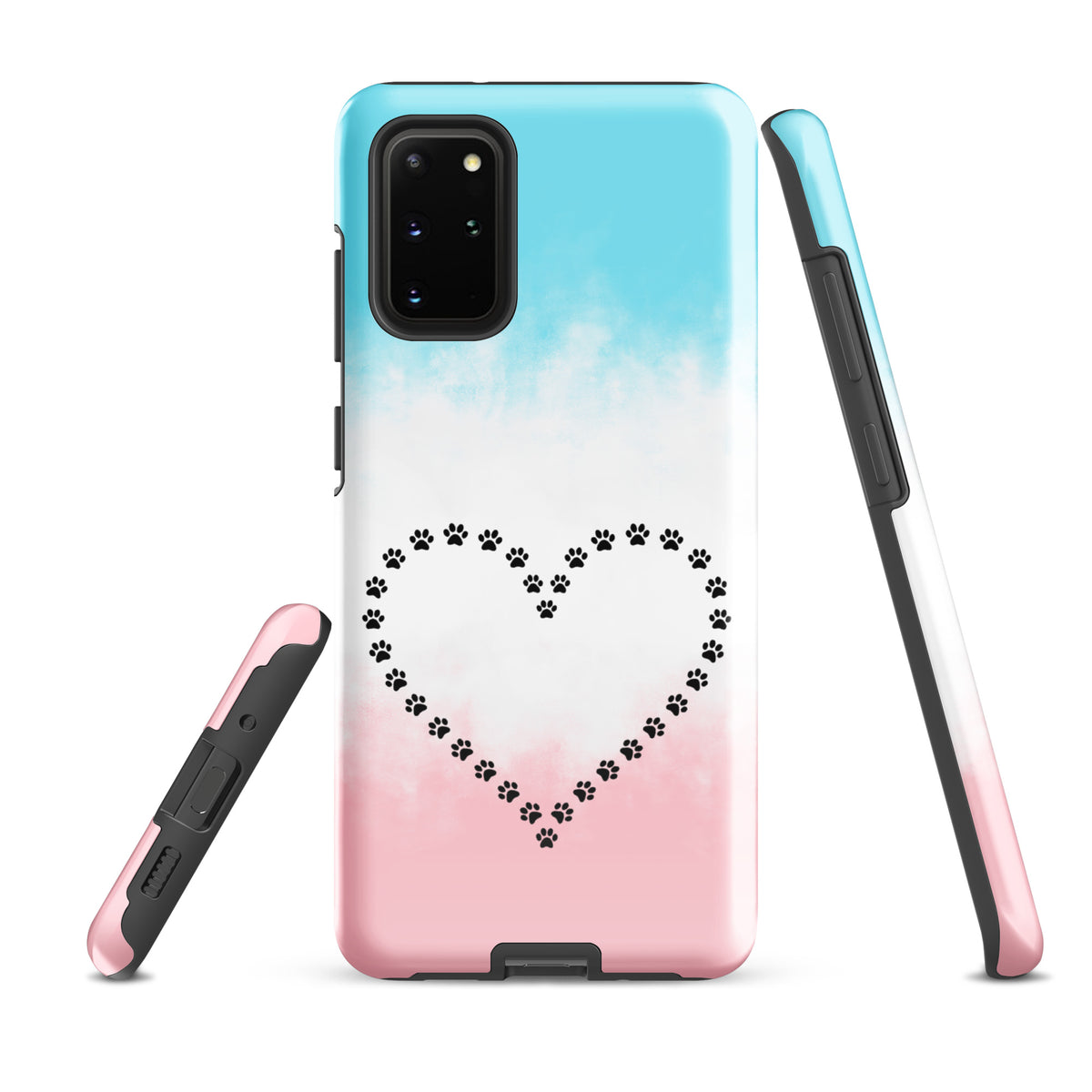 Phone Case for Samsung Galaxy with paw print heart design, ideal for pet lovers; blue, white, pink color scheme.