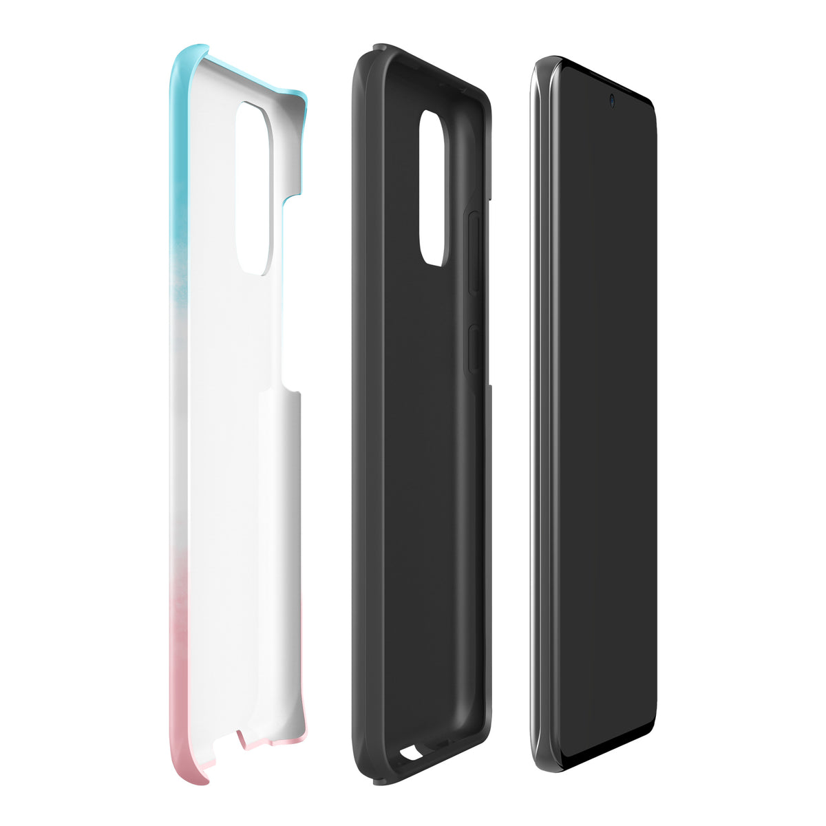 Phone Case for Samsung Galaxy with blue, white, and pink paw print heart design for pet lovers, shown in three angles.