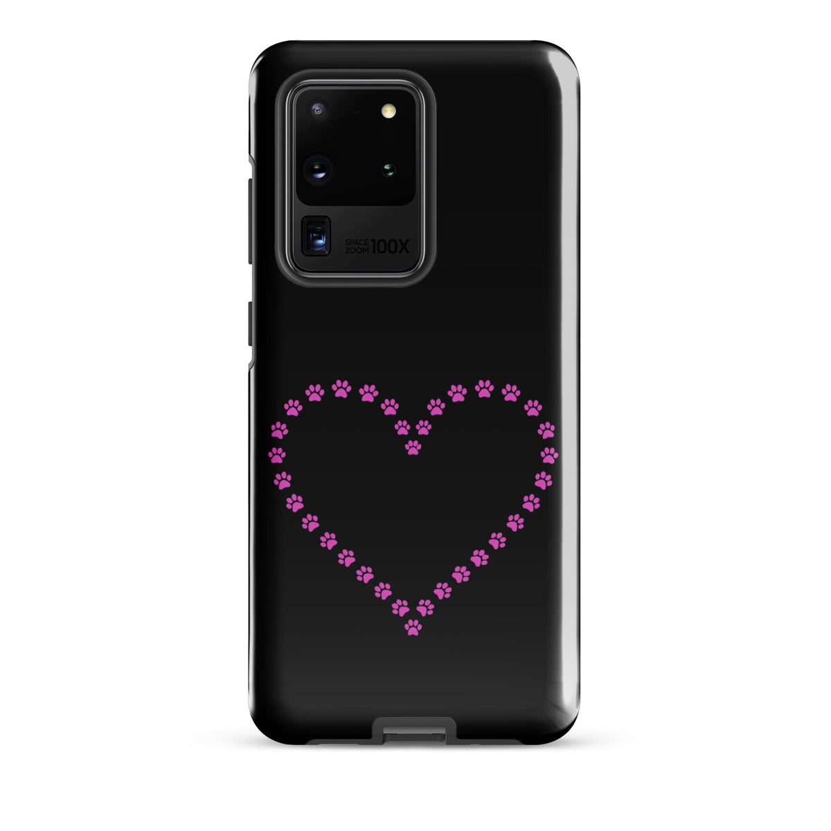 Phone Case for Samsung Galaxy with black and pink paw print heart design for pet lovers