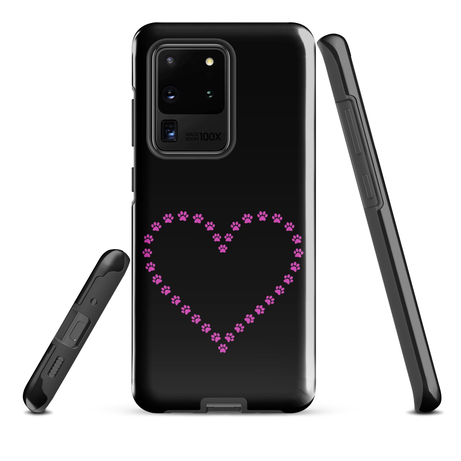 Phone Case for Samsung Galaxy with pink paw print heart design, ideal for pet lovers, in black color.