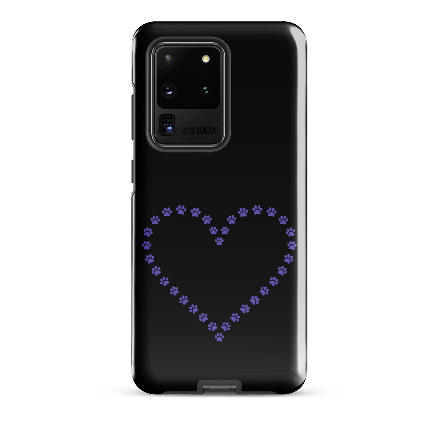 Phone Case for Samsung Galaxy with paw print heart design in black and purple, ideal for pet lovers and featuring cute animal prints.