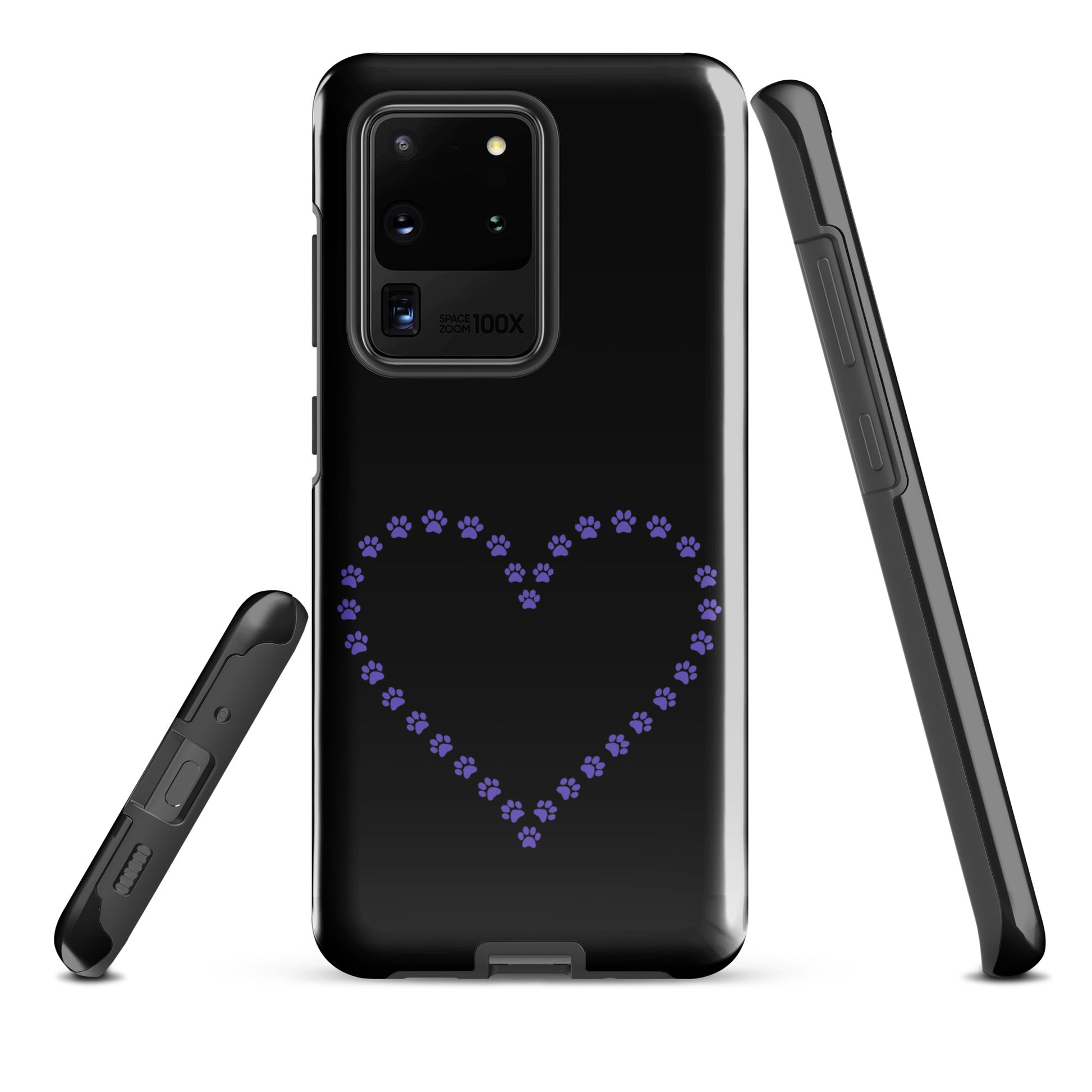 Phone Case for Samsung Galaxy with purple heart paw print design in black for pet lovers.