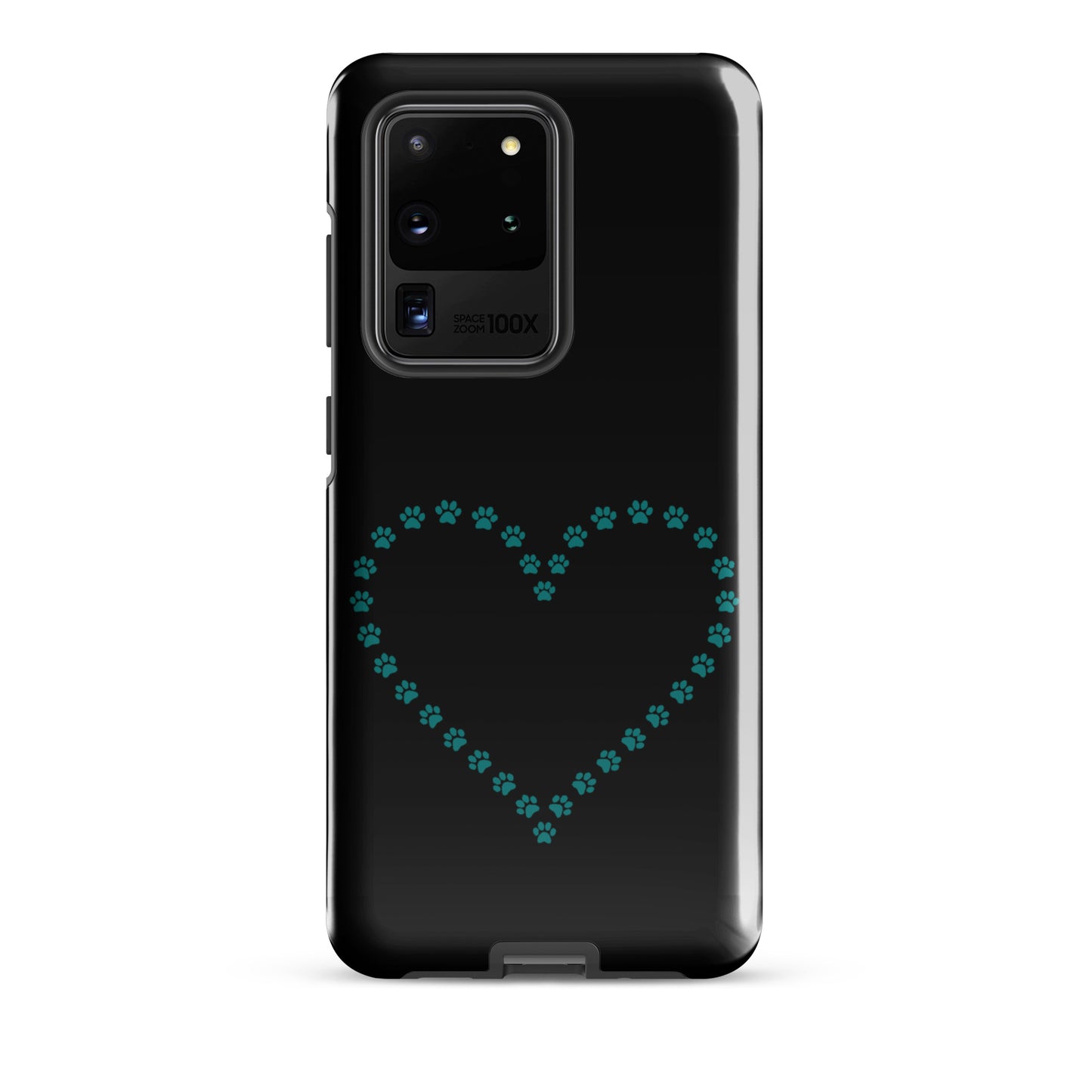 Phone Case for Samsung Galaxy with paw print heart design in black and teal, perfect for pet lovers.