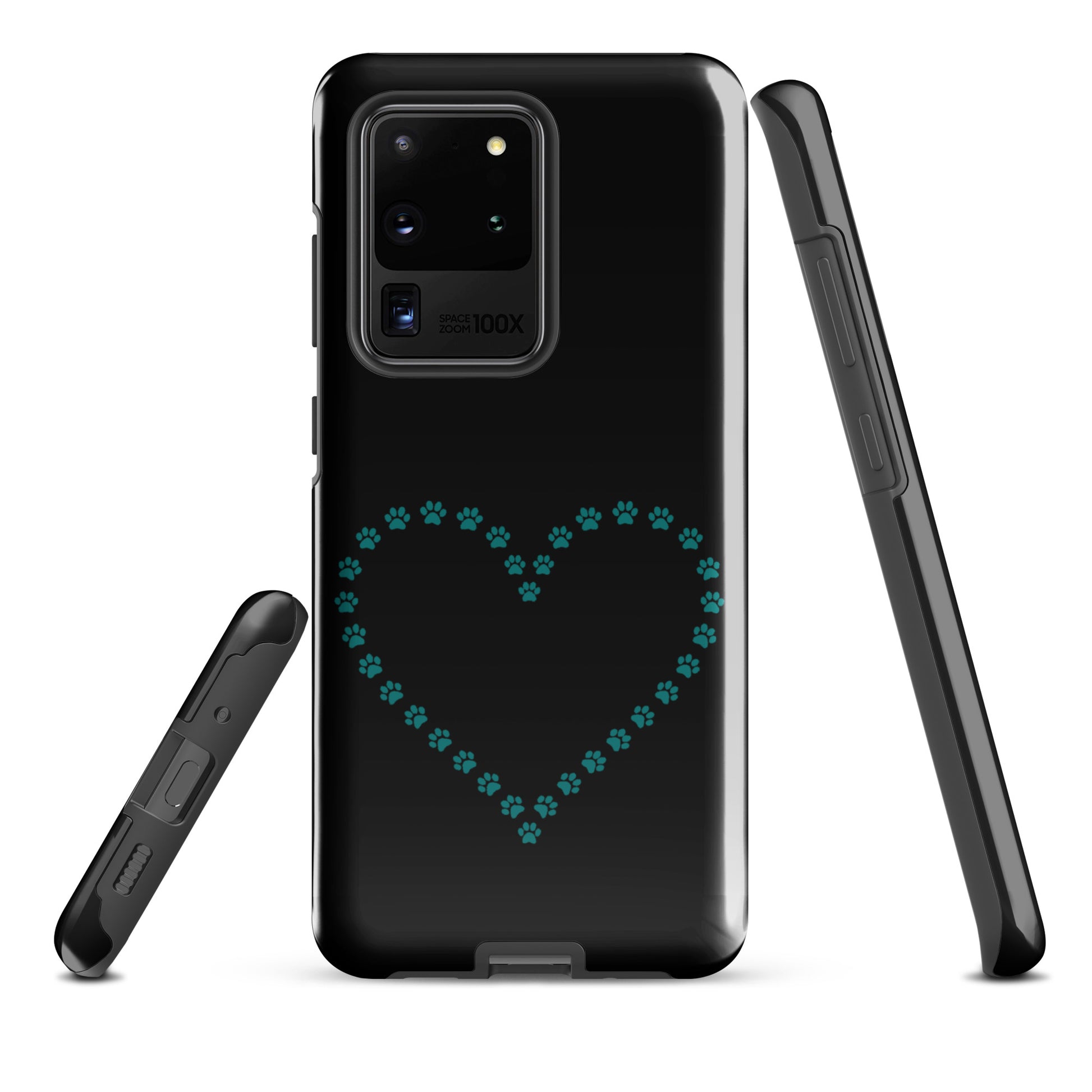 Phone Case for Samsung Galaxy with Paw Print Heart Design in Black/Teal, perfect for pet lovers seeking durability and charm.
