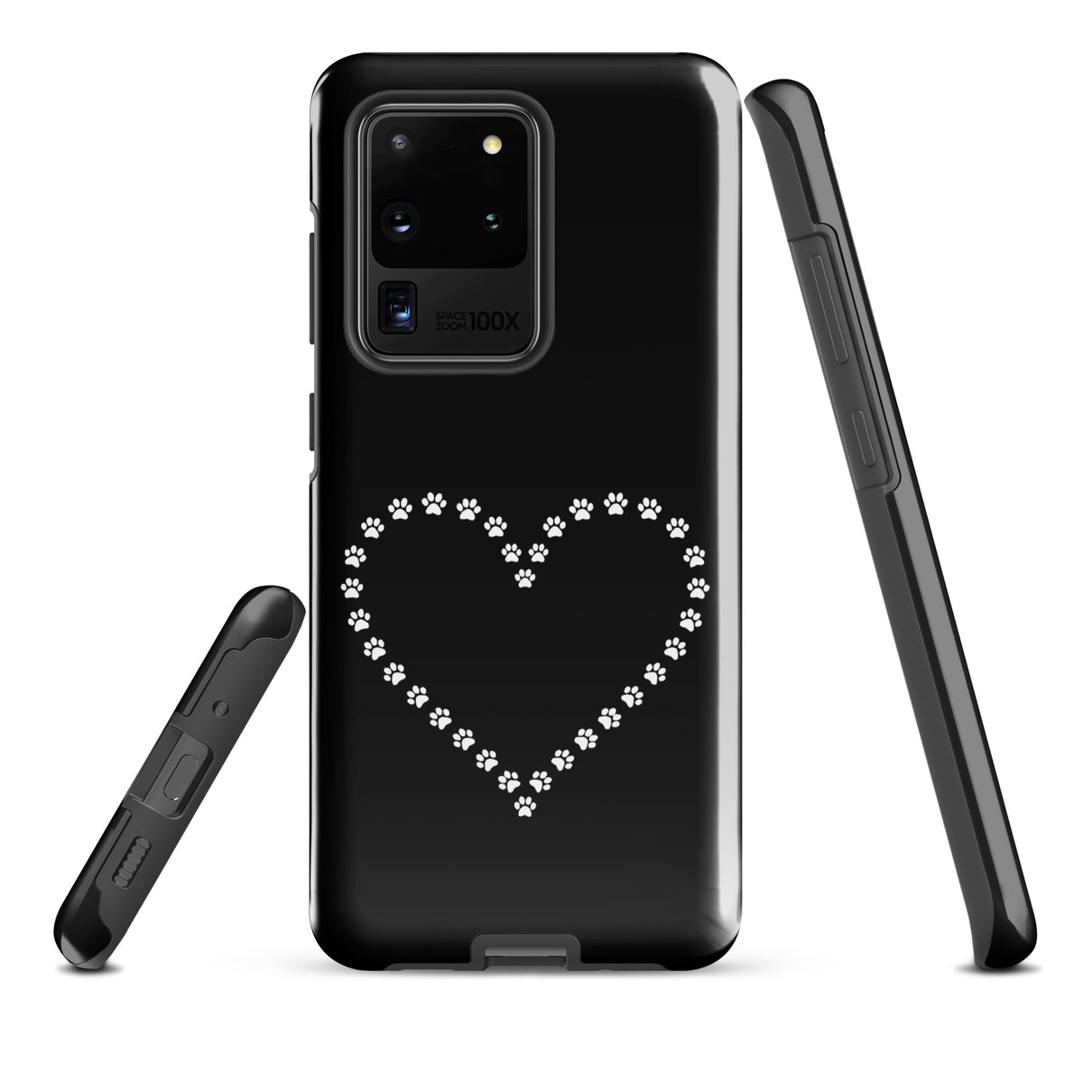 Phone Case for Samsung Galaxy with black and white paw print heart design, ideal for pet lovers, offering strong protection and style.