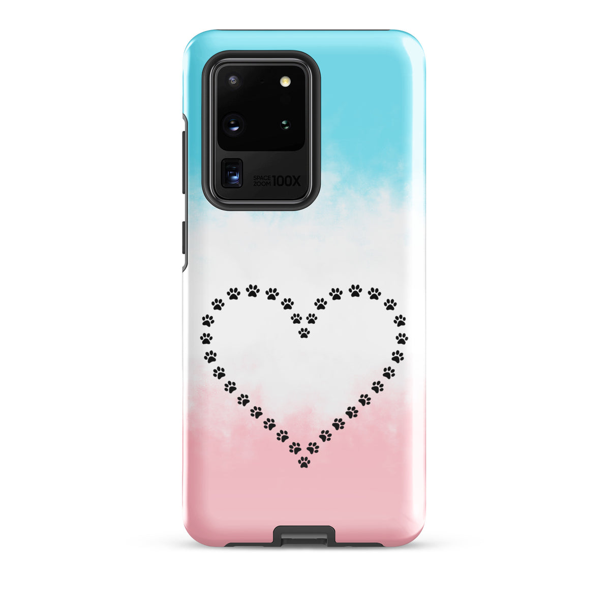 Phone Case for Samsung Galaxy with blue, white, pink paw print heart design for pet lovers