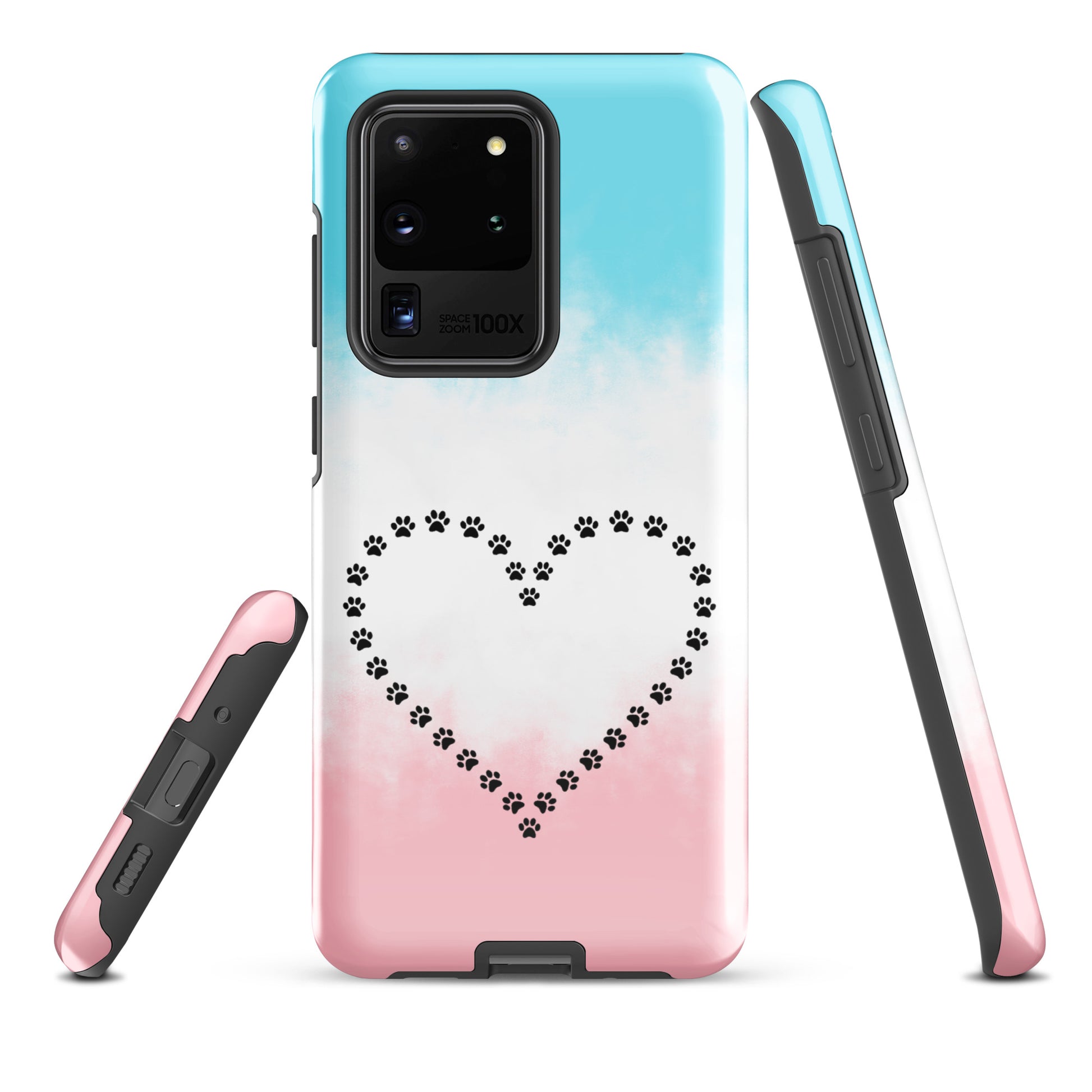 Phone Case with paw print heart design in blue, white, and pink for Samsung Galaxy, ideal for cat and dog lovers seeking durable protection.