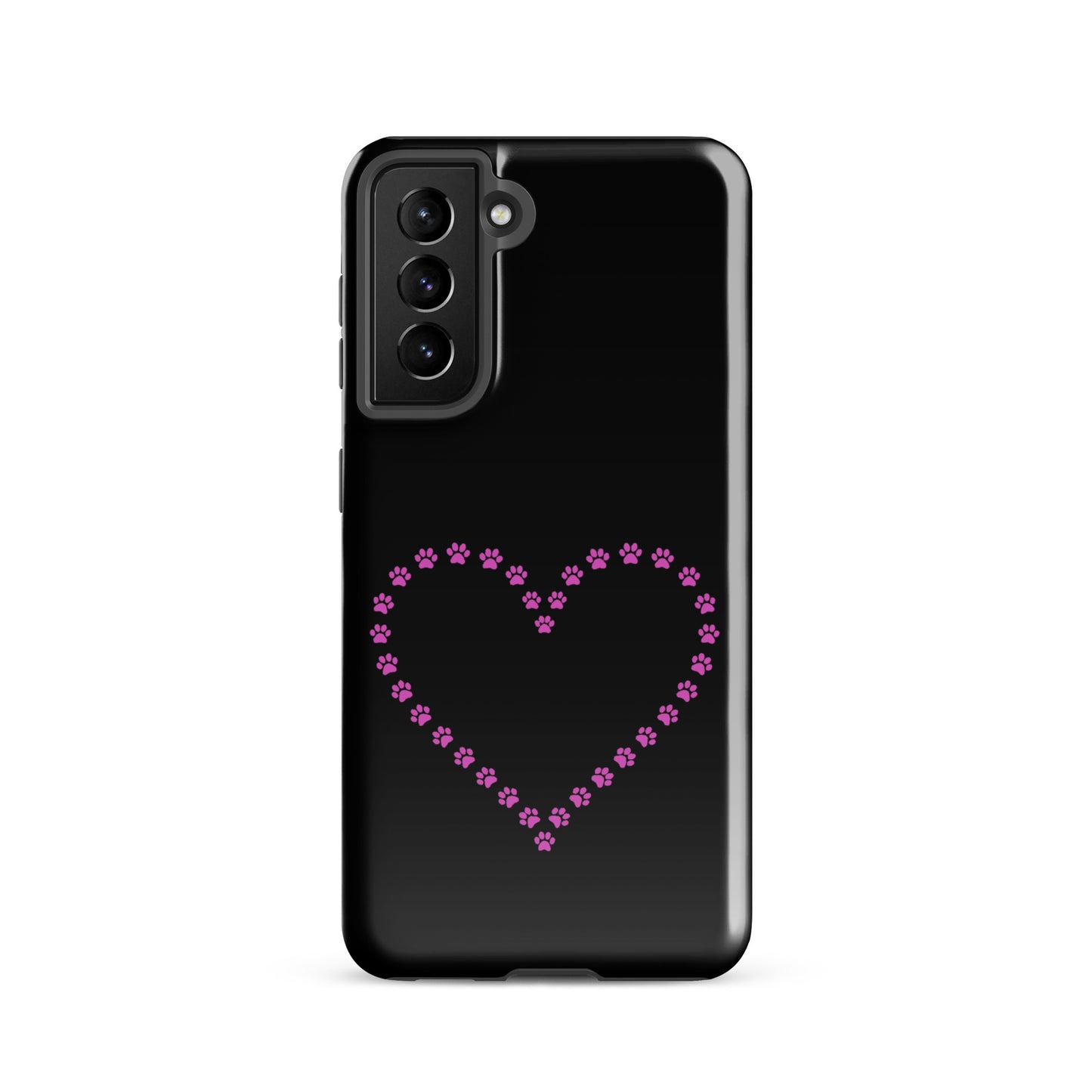 Phone Case for Samsung Galaxy with pink paw print heart design on black, perfect for pet lovers seeking durable and cute protection.