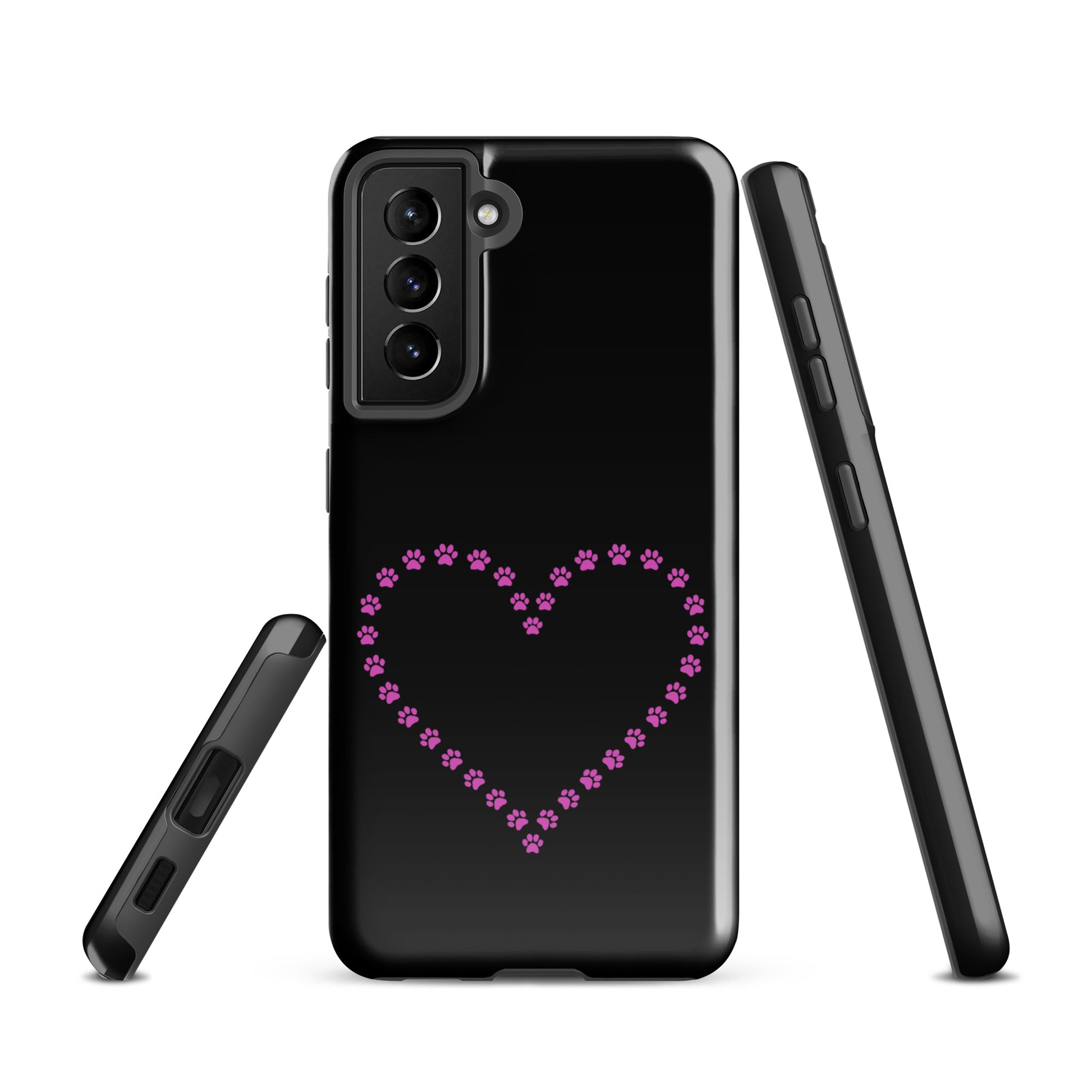Phone Case for Samsung Galaxy with pink paw print heart design in black, perfect for pet lovers and animal enthusiasts.