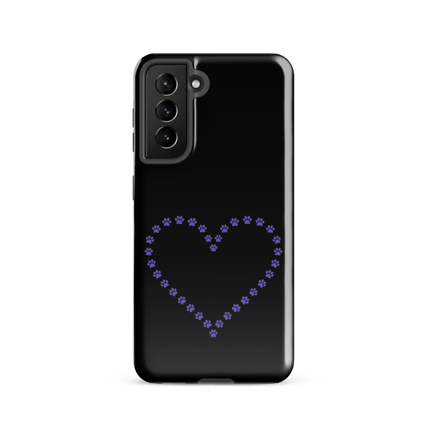 Phone Case for Samsung Galaxy with paw print heart design in black and purple, perfect for pet lovers, featuring durable protection.