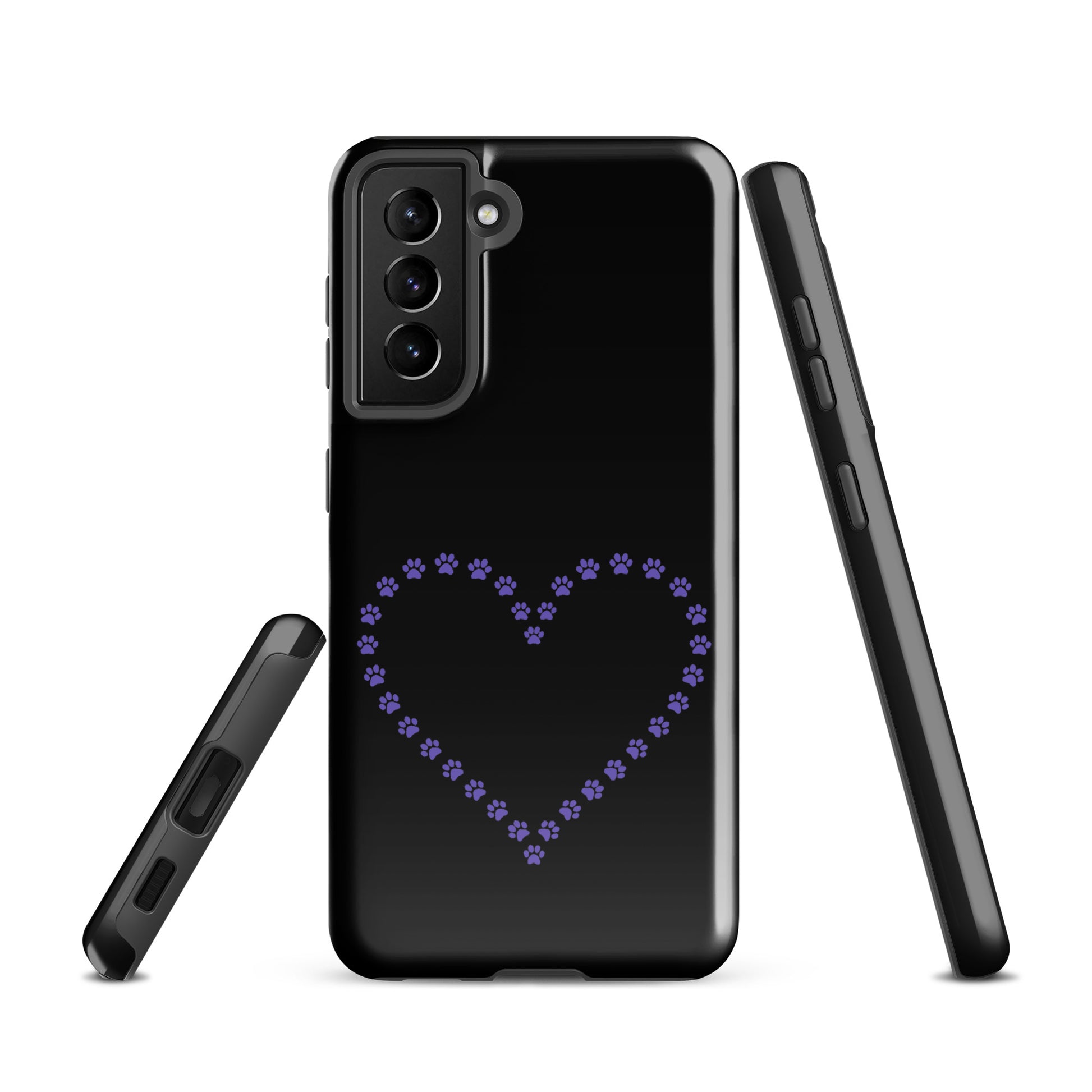 Phone Case for Samsung Galaxy with paw print heart design for pet lovers in black and purple, perfect for cat and dog owners.