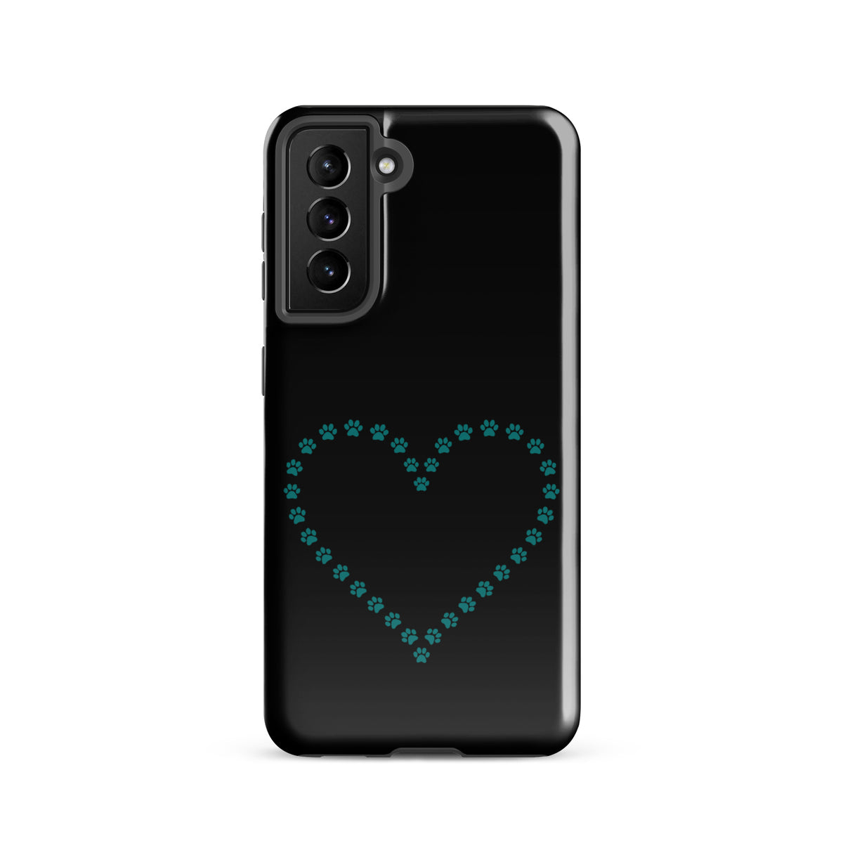 Phone Case for Samsung Galaxy with paw print heart design in black and teal for pet lovers, featuring durable and playful charm.