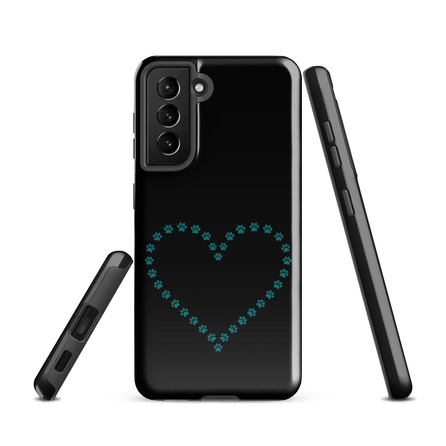 Phone Case for Samsung Galaxy with paw print heart design in black and teal for pet lovers.
