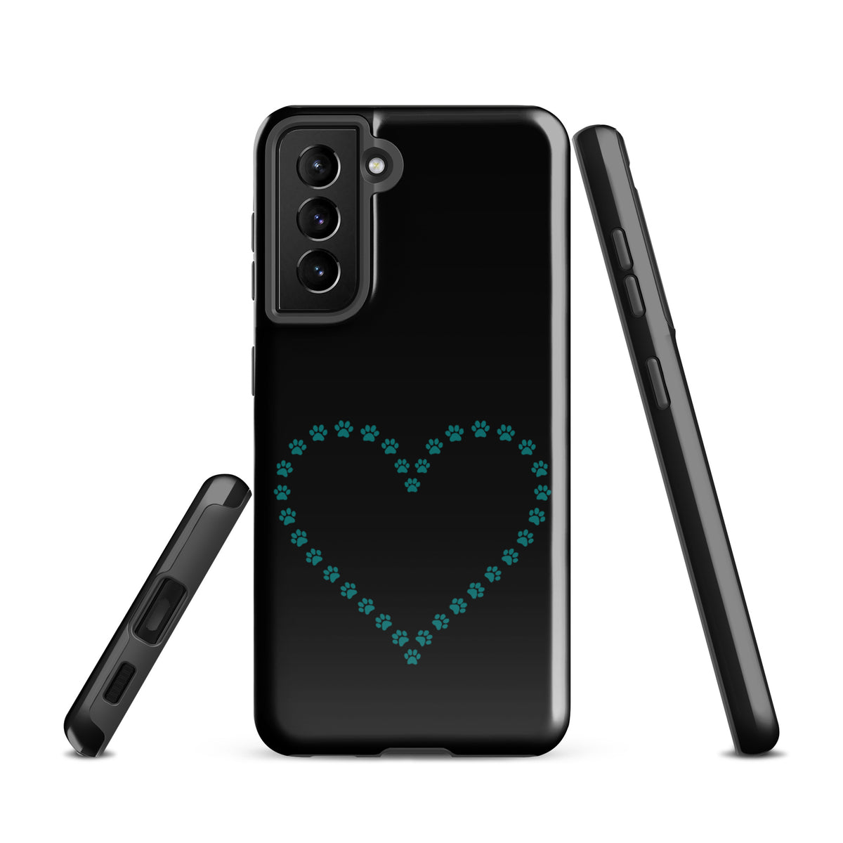 Phone Case for Samsung Galaxy with paw print heart design in black and teal for pet lovers.