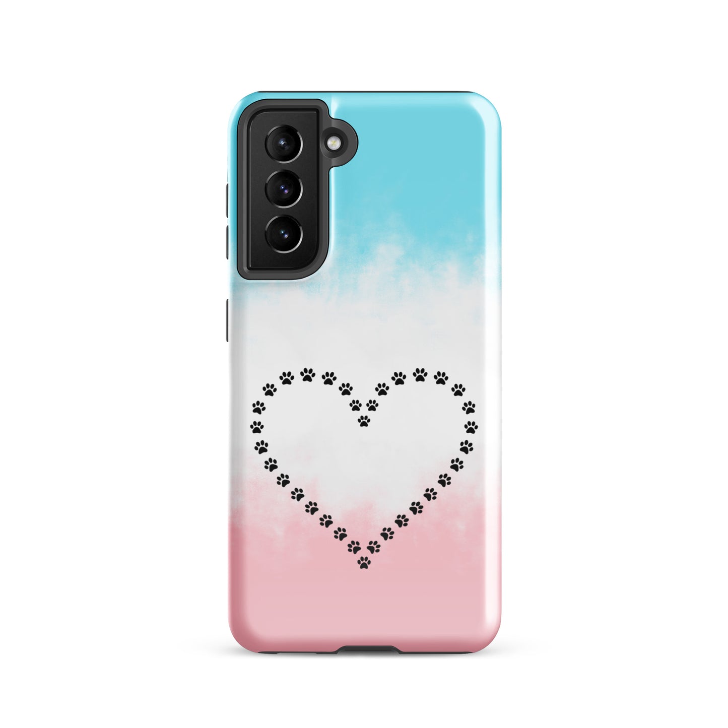 Phone Case for Samsung Galaxy with paw print heart design in blue, white, and pink for pet lovers.