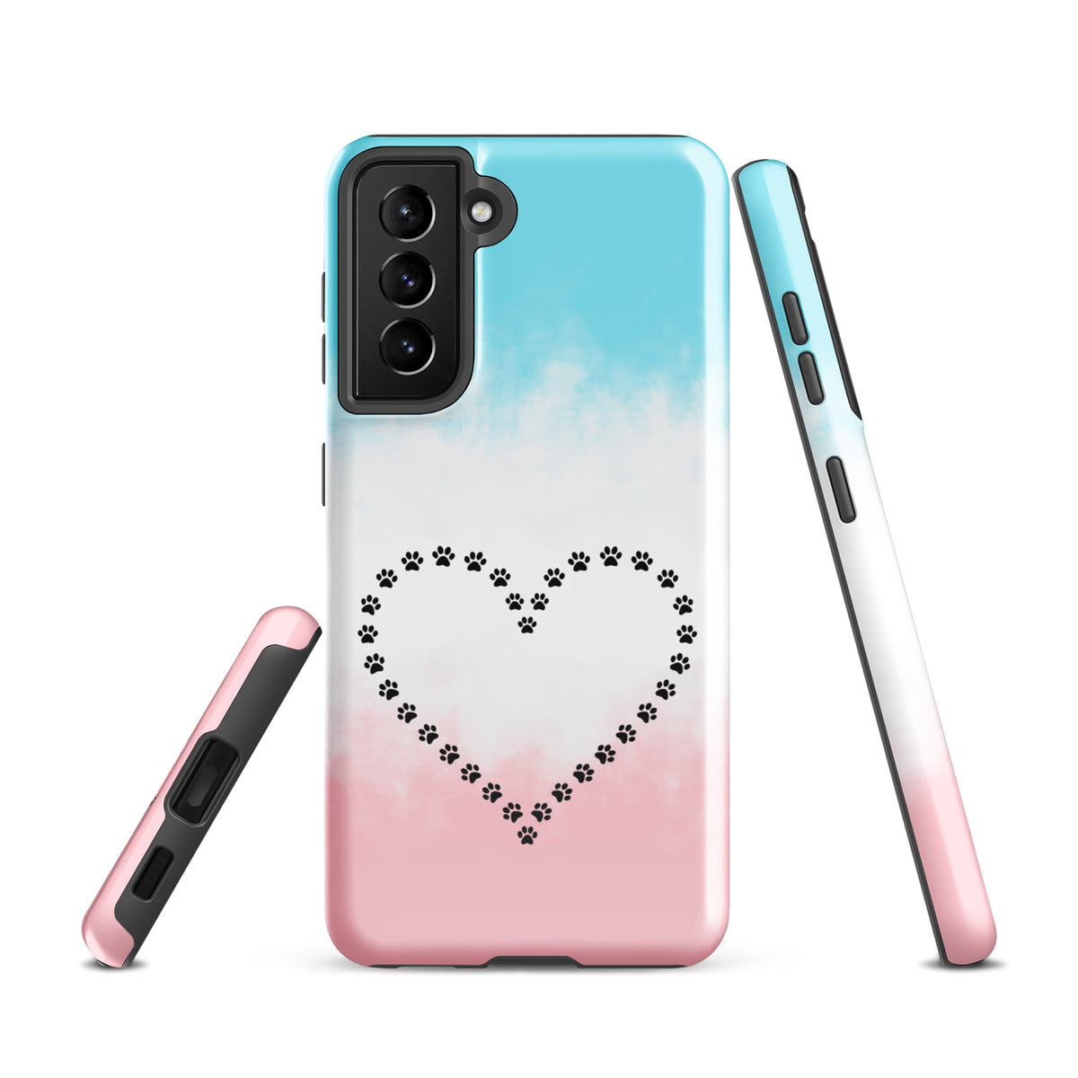 Phone Case for Samsung Galaxy with paw print heart design, blue, white, and pink for pet lovers.