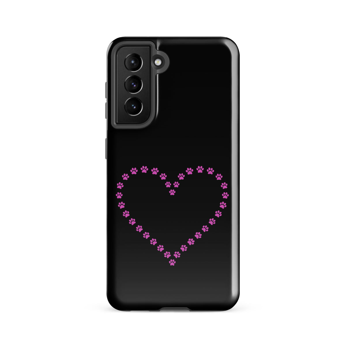 Phone Case for Samsung Galaxy with paw print heart design in black and pink, perfect for pet lovers seeking style and protection.