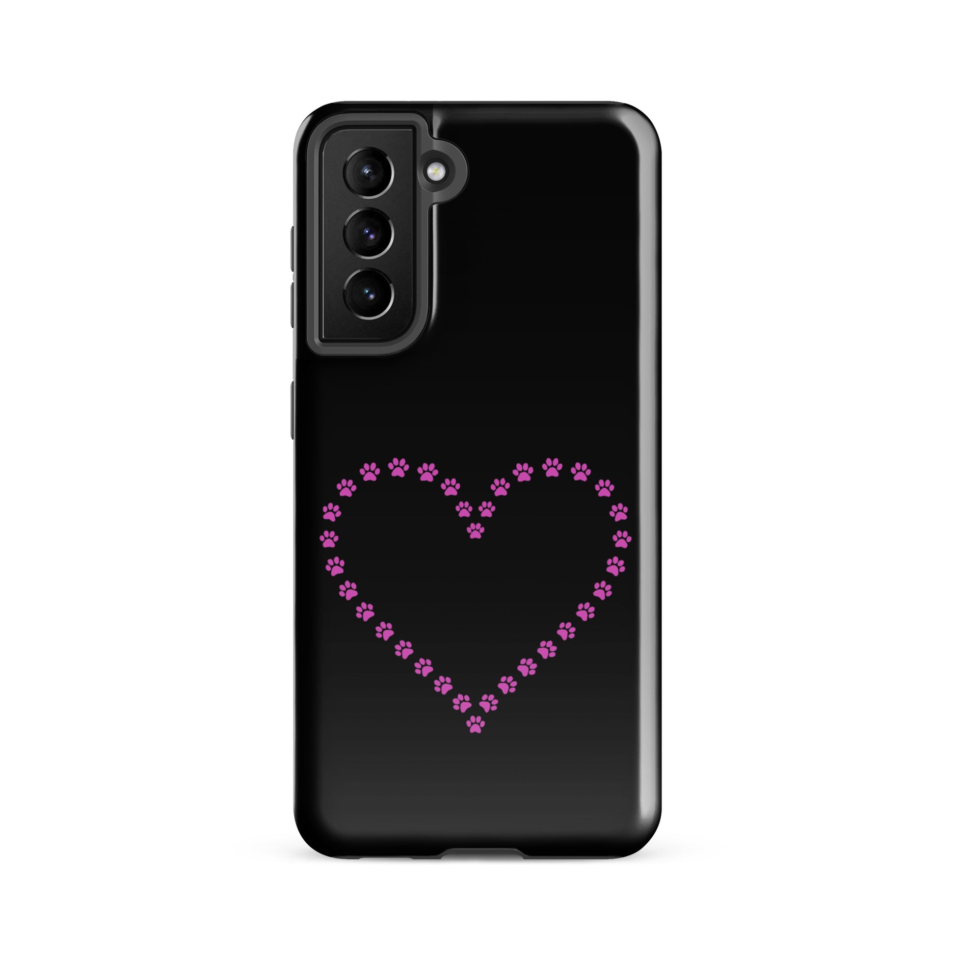 Phone Case for Samsung Galaxy with paw print heart design in black and pink, perfect for pet lovers seeking style and protection.