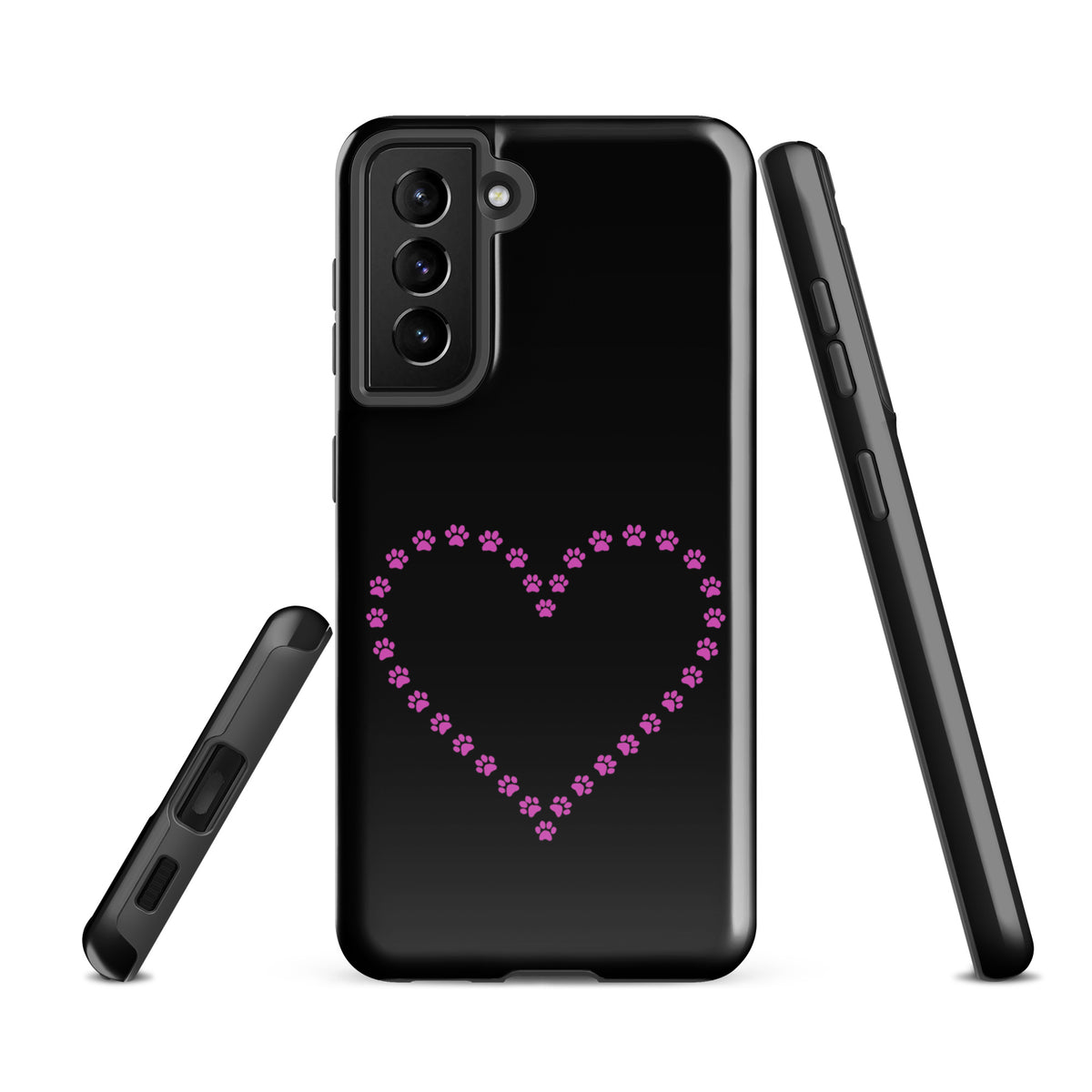 Phone Case for Samsung Galaxy with pink paw print heart design, ideal for cat and dog lovers, durable and protective in black and pink.