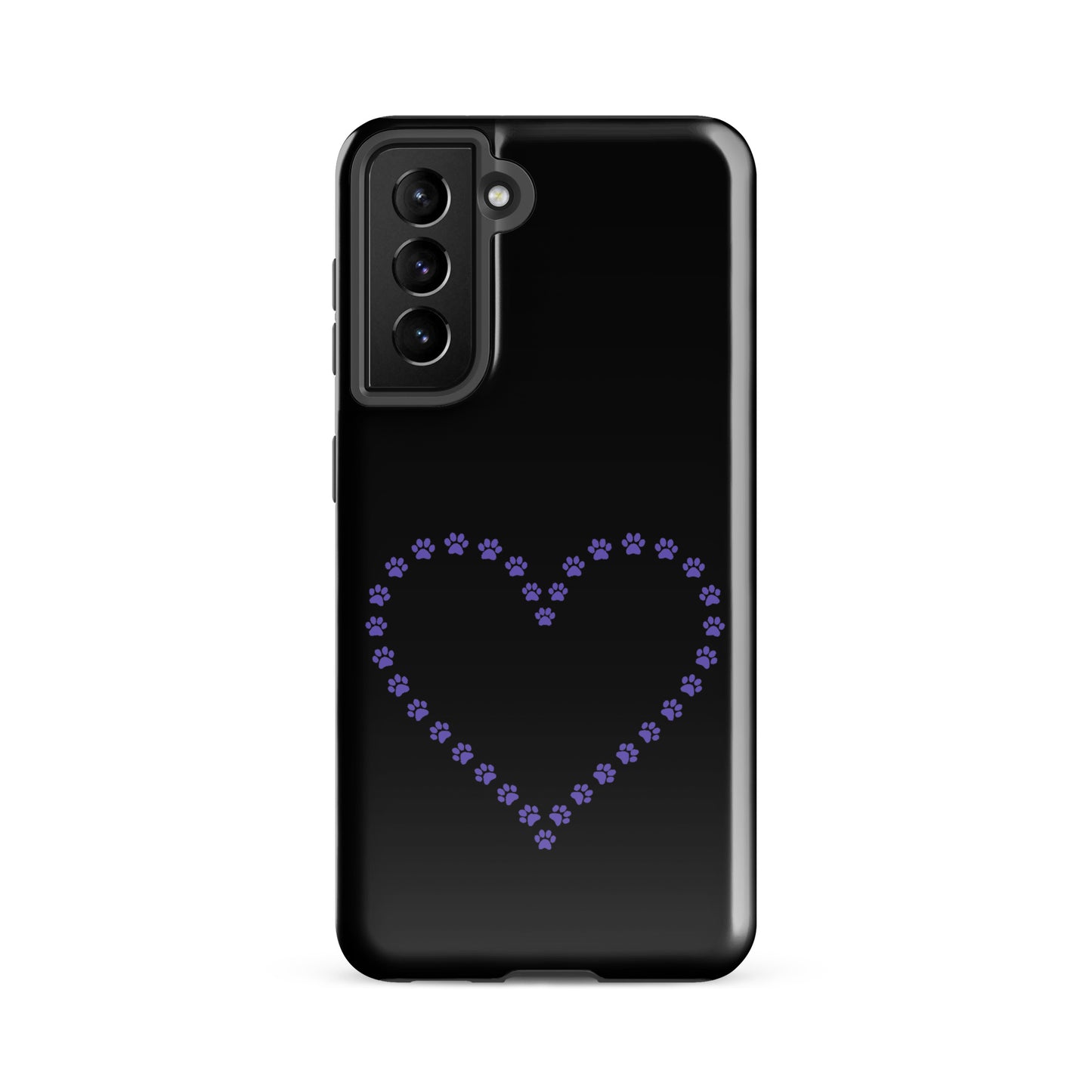 Phone Case for Samsung Galaxy with purple paw print heart design in black for pet lovers.