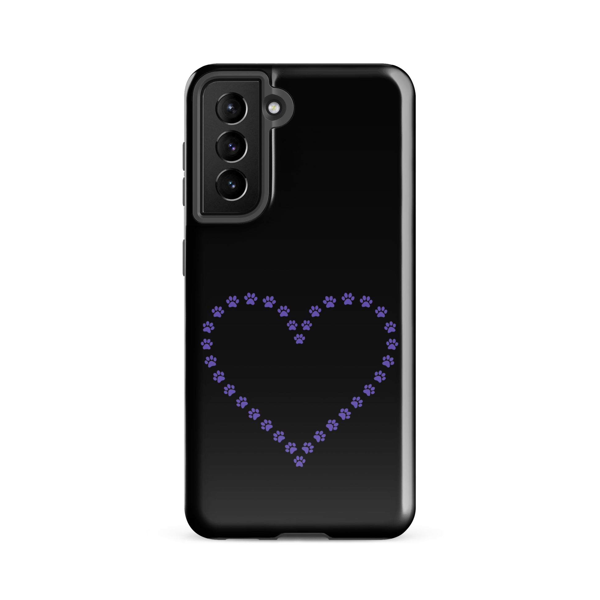 Phone Case for Samsung Galaxy with purple paw print heart design in black for pet lovers.