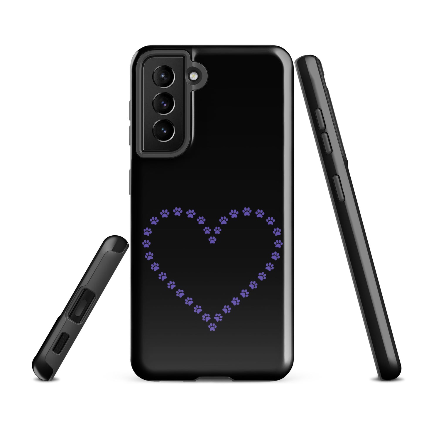 Phone Case for Samsung Galaxy with paw print heart design in black and purple, perfect for pet lovers seeking style and protection.