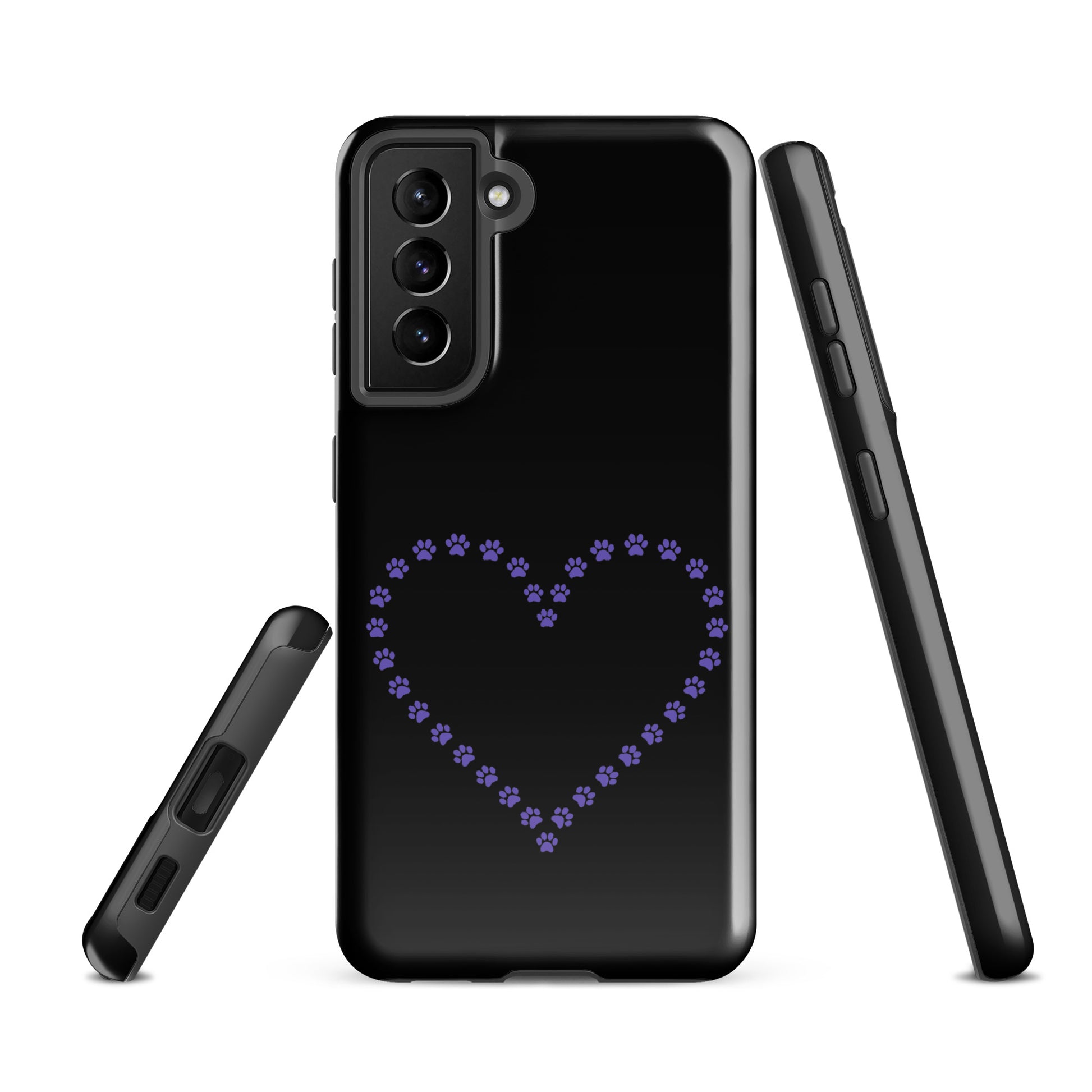 Phone Case for Samsung Galaxy with paw print heart design in black and purple, perfect for pet lovers seeking style and protection.