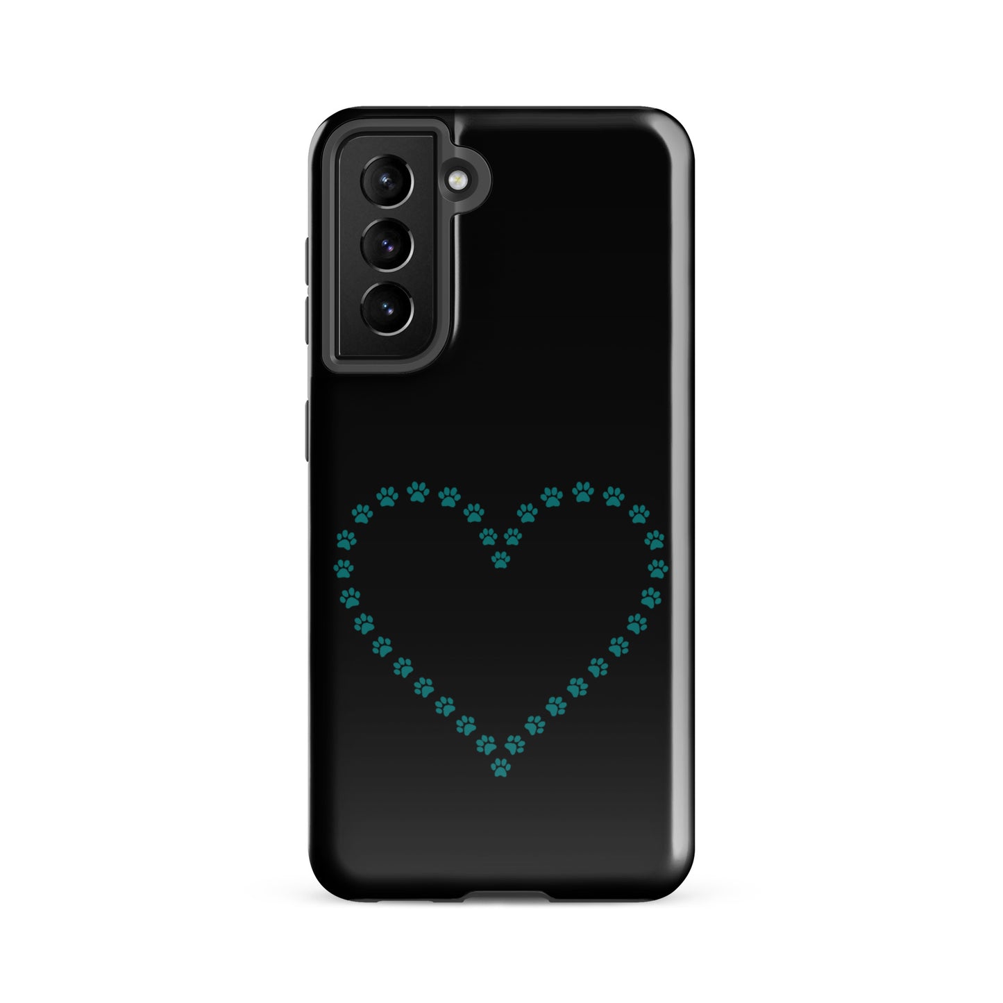 Phone Case for Samsung Galaxy with black and teal paw print heart design for pet lovers.