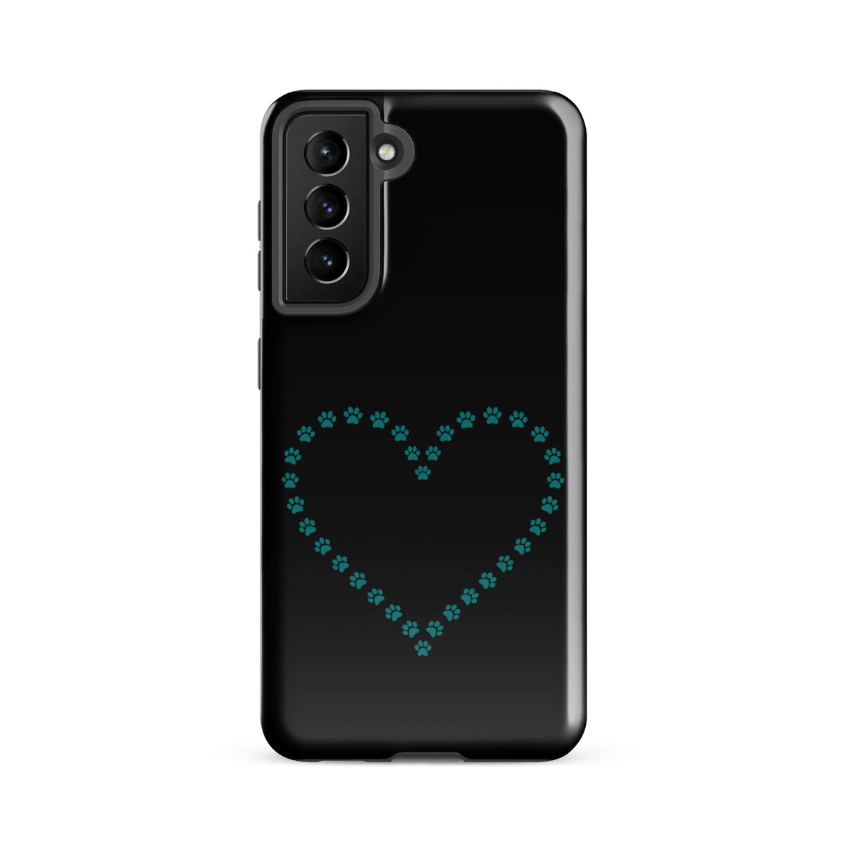 Phone Case for Samsung Galaxy with black and teal paw print heart design for pet lovers.