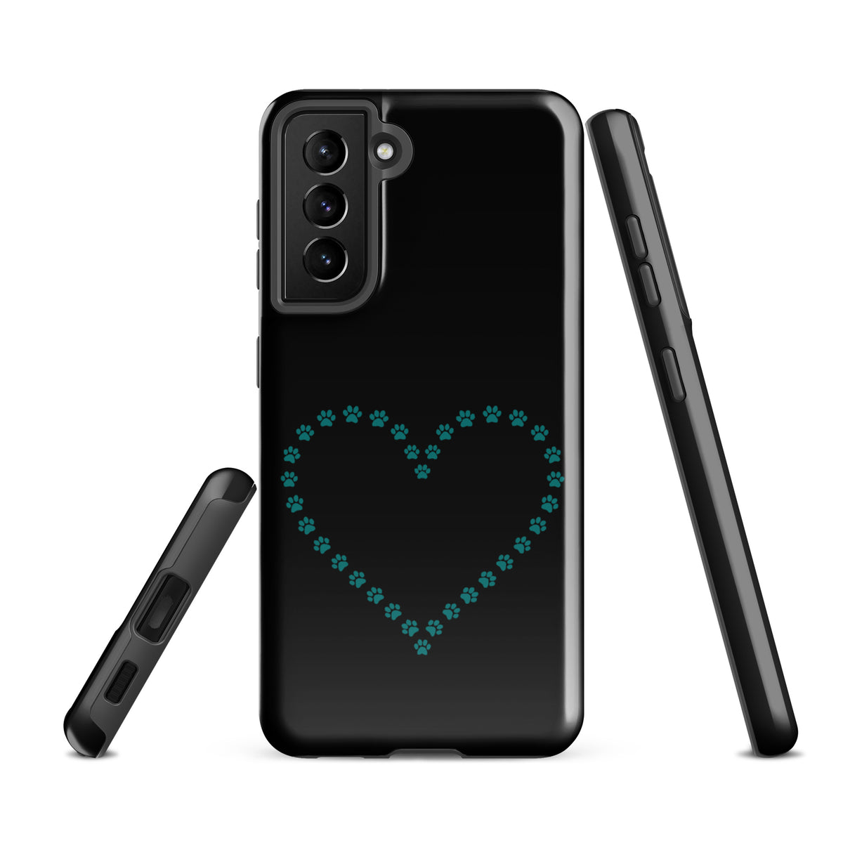 Phone Case for Samsung Galaxy featuring black and teal paw print heart design for pet lovers.