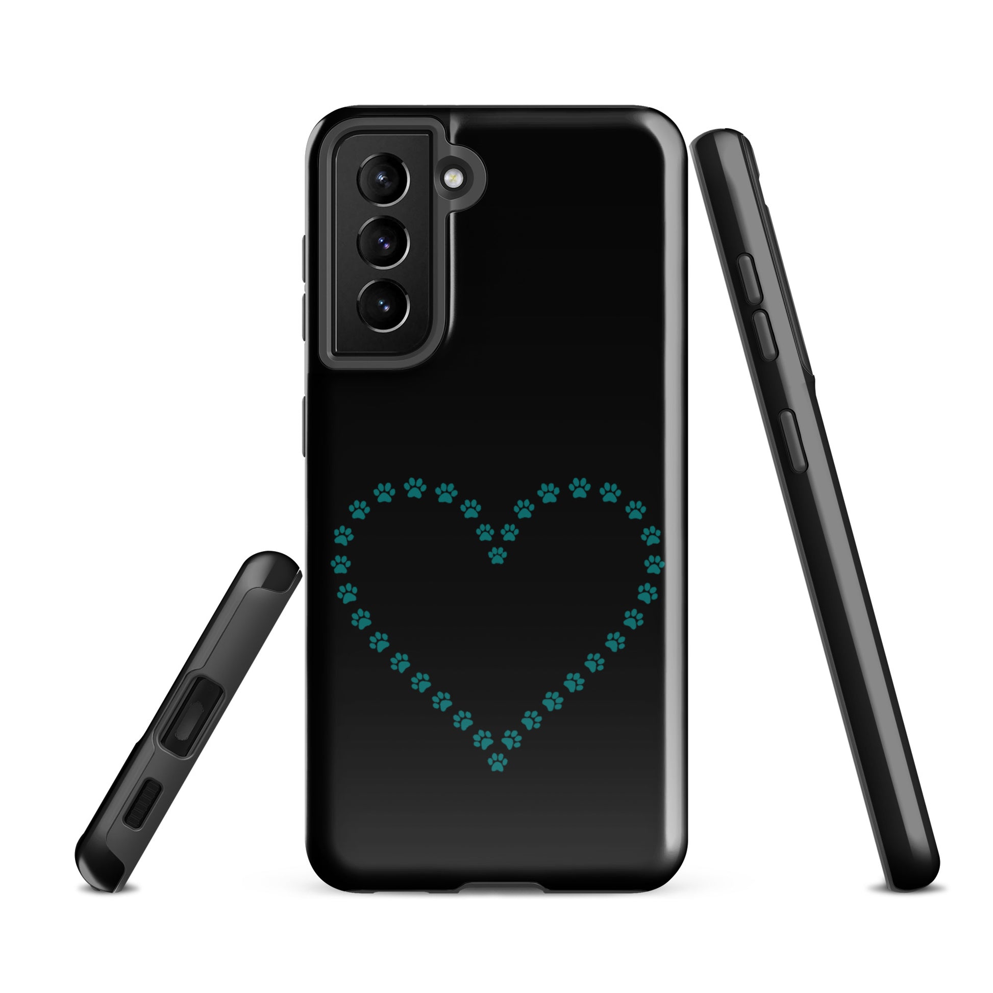 Phone Case for Samsung Galaxy featuring black and teal paw print heart design for pet lovers.