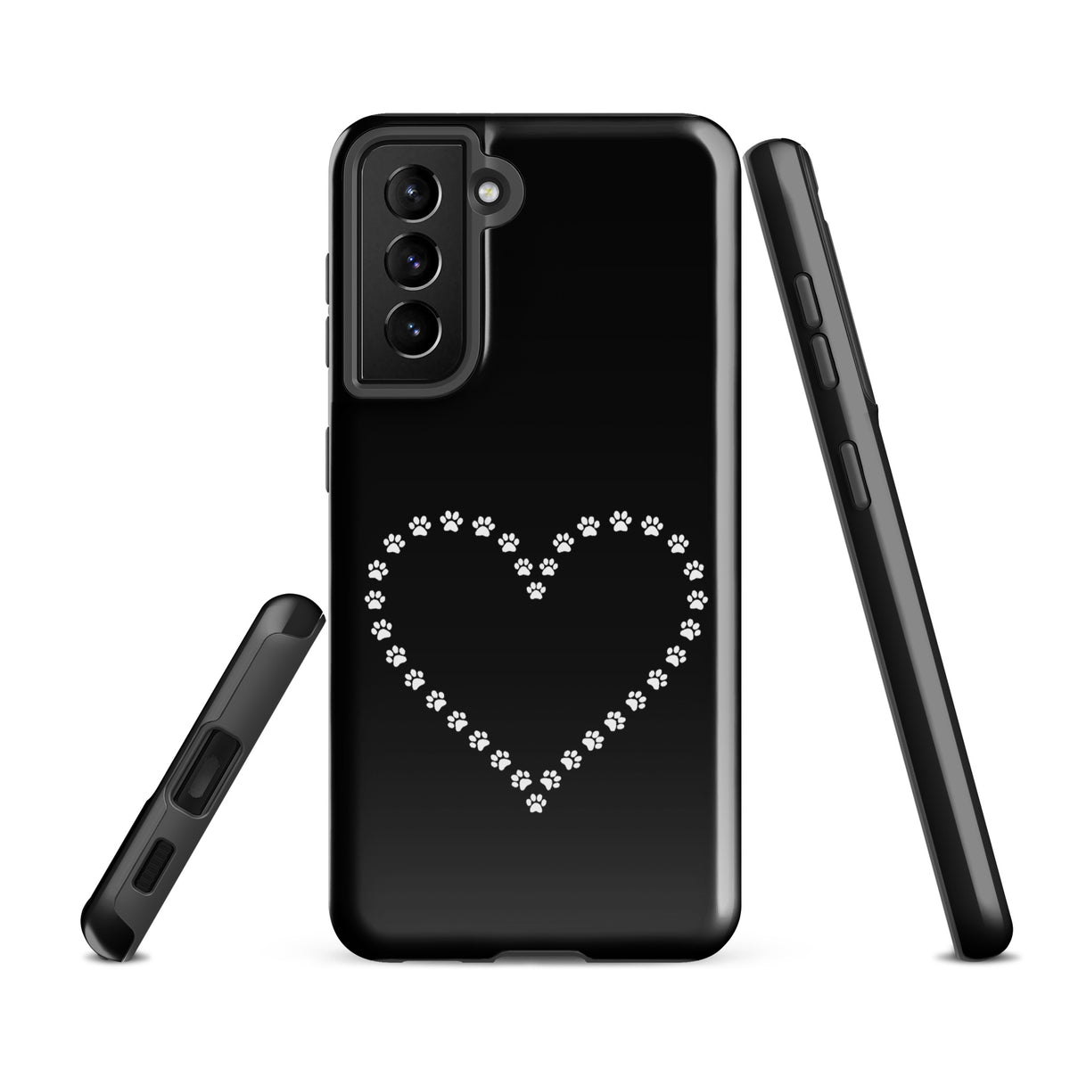 Phone Case for Samsung Galaxy with black and white paw print heart design, ideal for pet lovers and durability seekers.