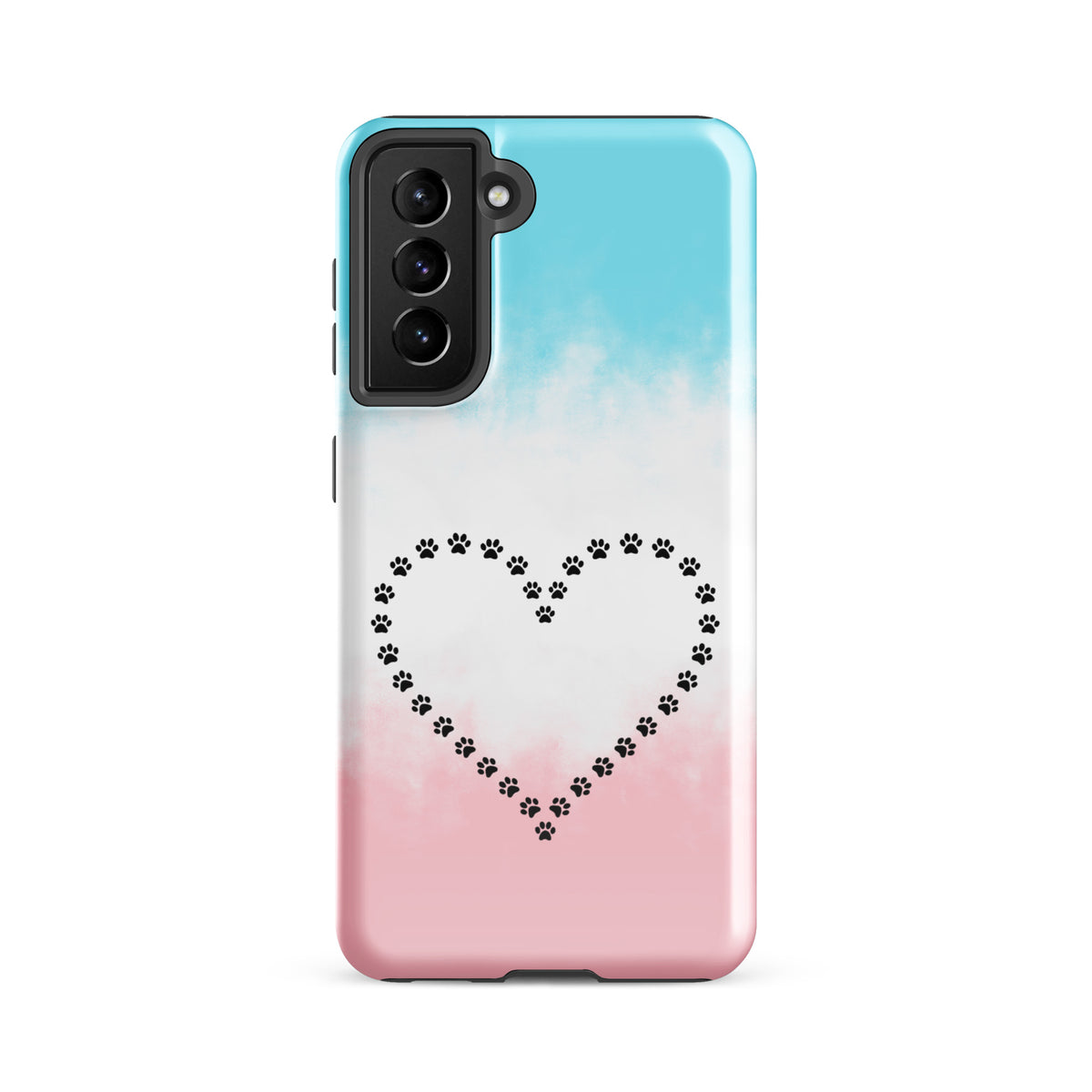 Phone Case with paw print heart design on blue, white, and pink background for Samsung Galaxy.