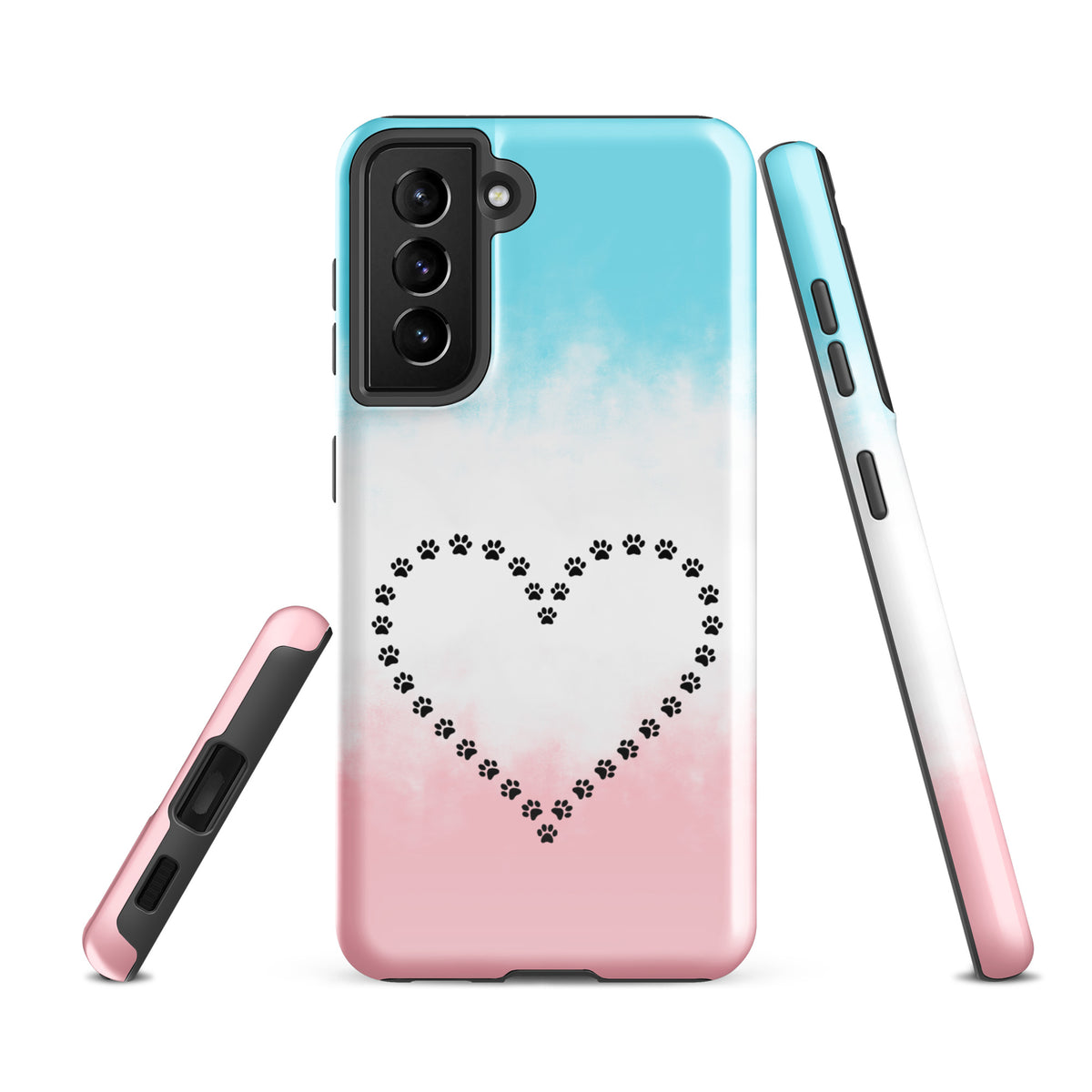 Phone Case for Samsung Galaxy with paw print heart design in blue, white, and pink colors, ideal for pet lovers.