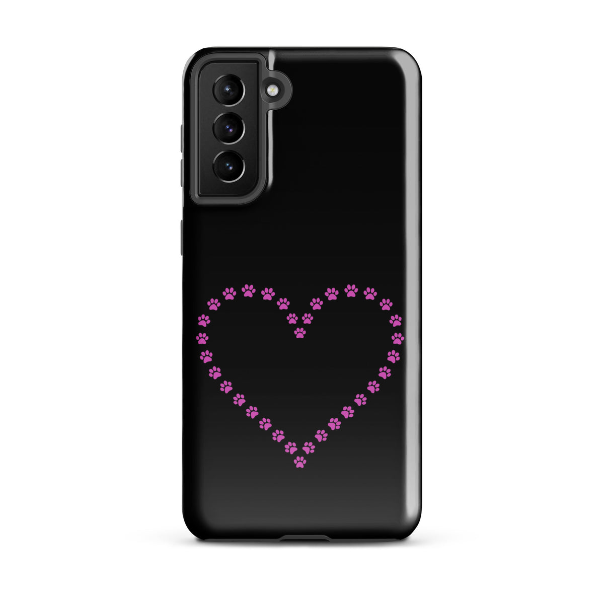 Phone Case for Samsung Galaxy with pink paw print heart design, ideal for pet lovers. Black case combining style and protection.