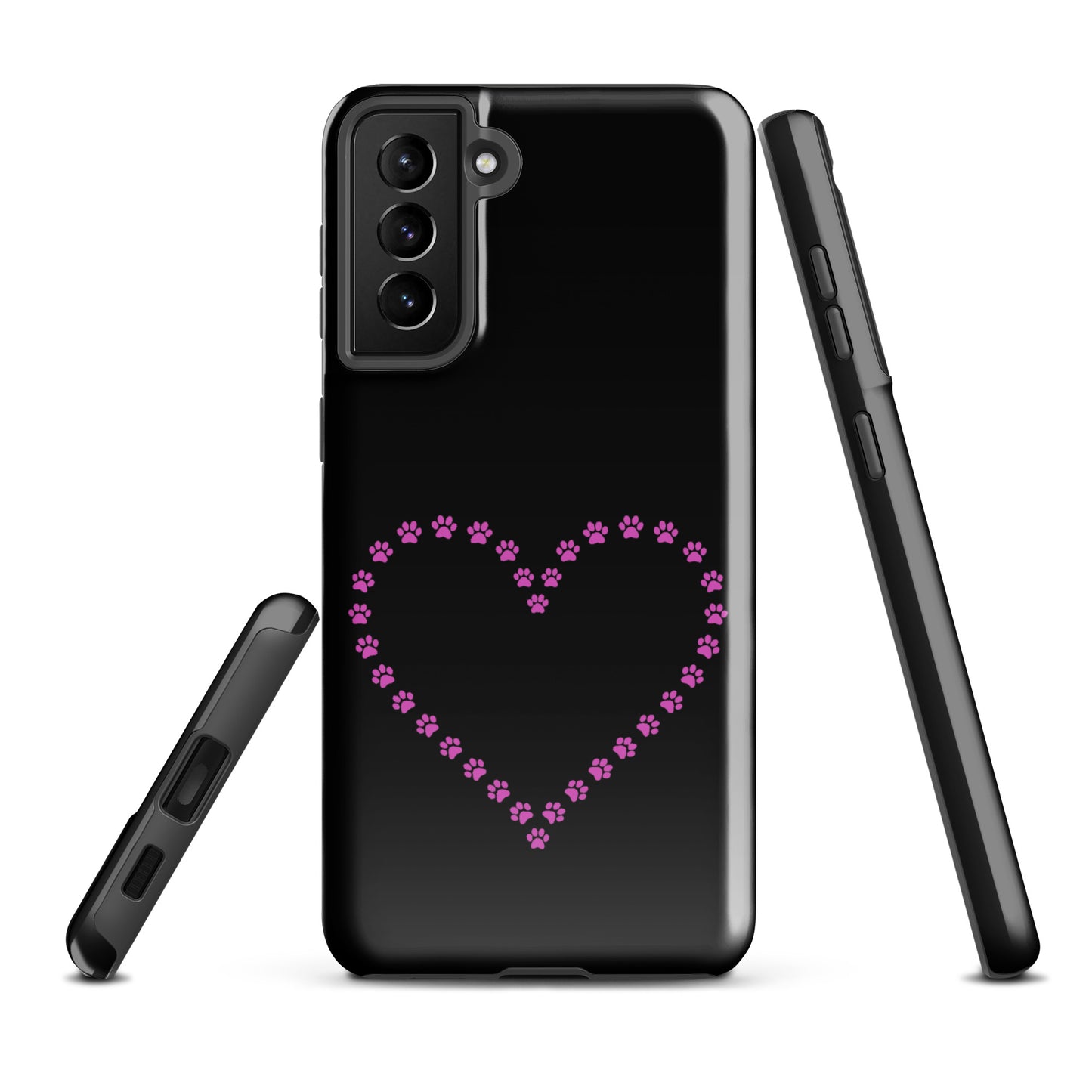 Phone Case for Samsung Galaxy with pink paw print heart design, perfect for pet lovers; black/pink minimalist style for cat and dog owners.