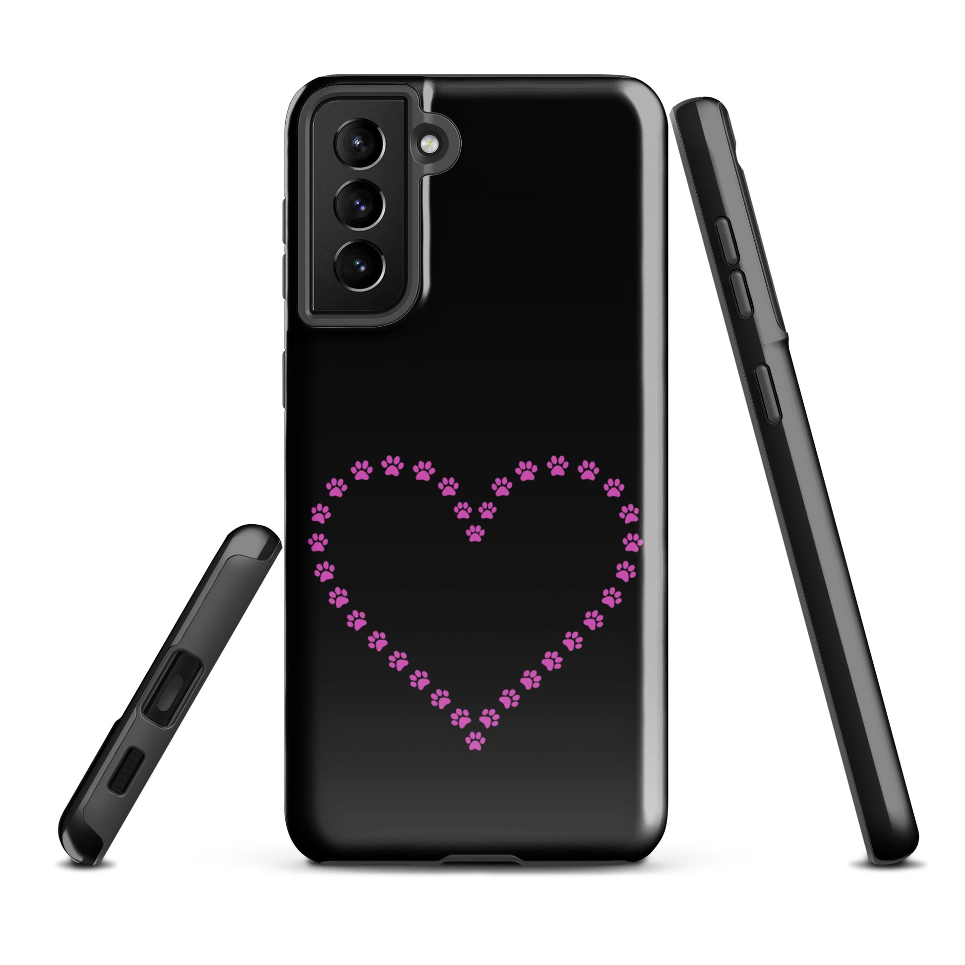 Phone Case for Samsung Galaxy with pink paw print heart design, perfect for pet lovers; black/pink minimalist style for cat and dog owners.