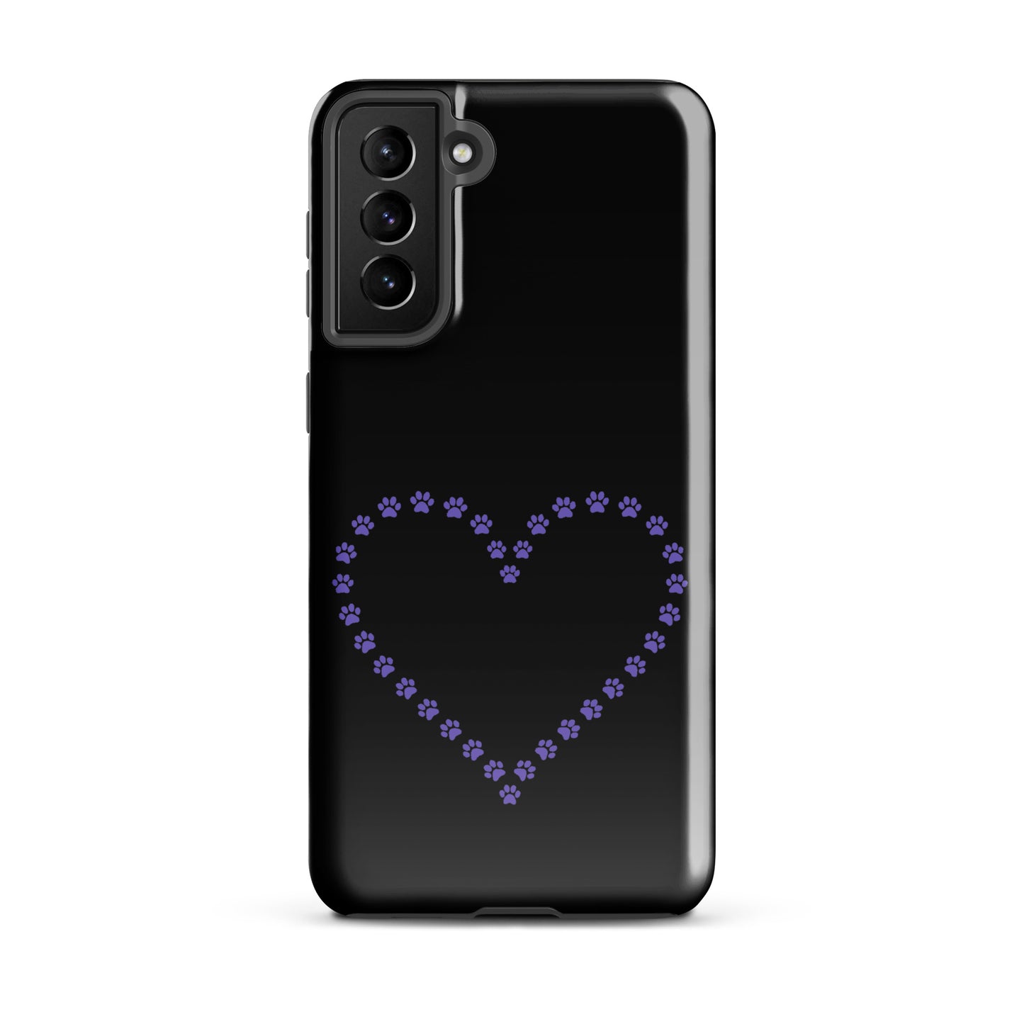 Phone Case for Samsung Galaxy with purple paw print heart design on black background for pet lovers.