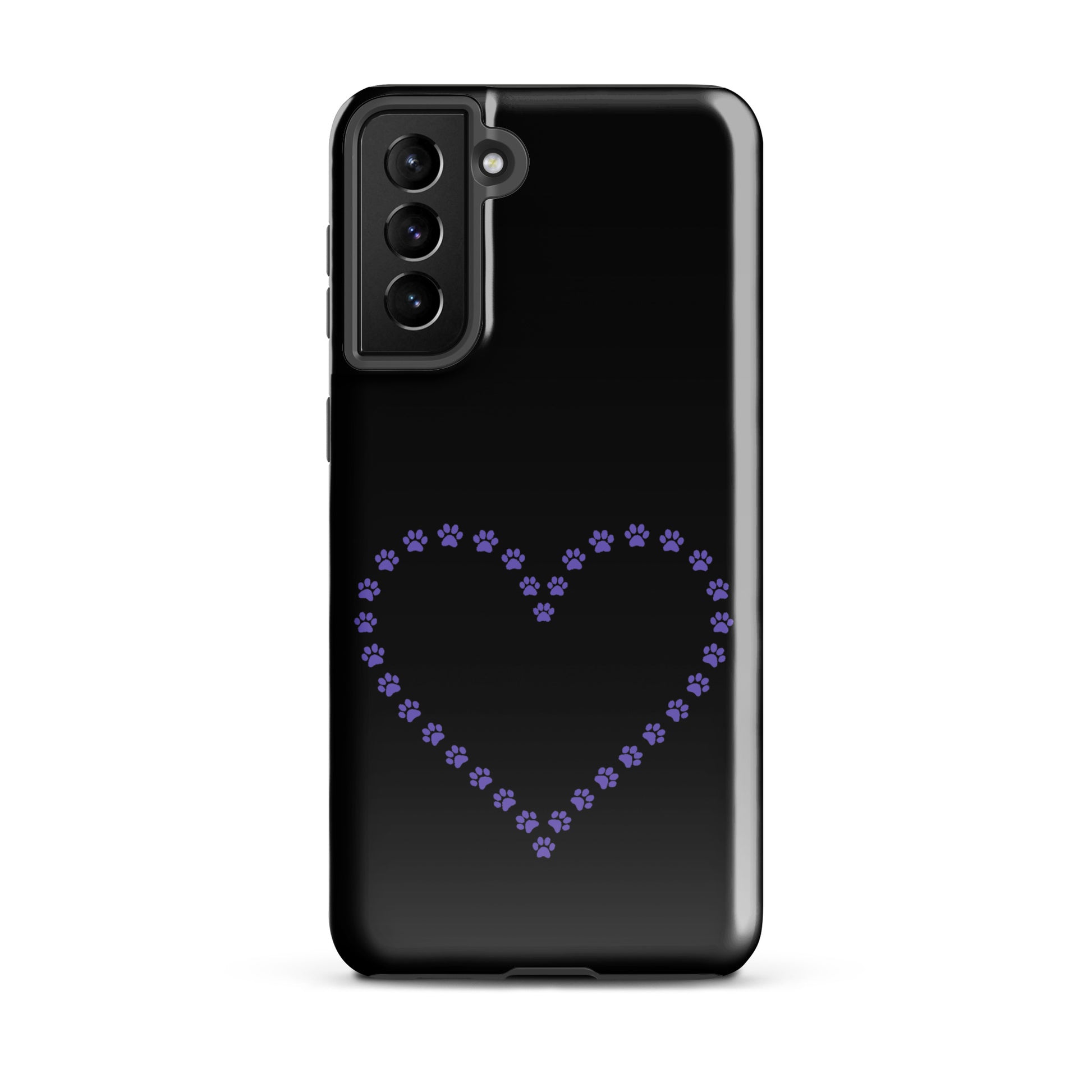 Phone Case for Samsung Galaxy with purple paw print heart design on black background for pet lovers.