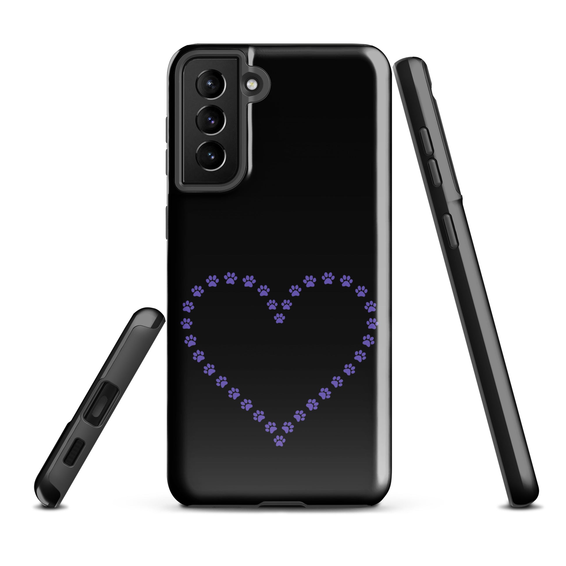 Black Phone Case for Samsung Galaxy featuring purple paw print heart design, perfect for pet lovers seeking protection and style.
