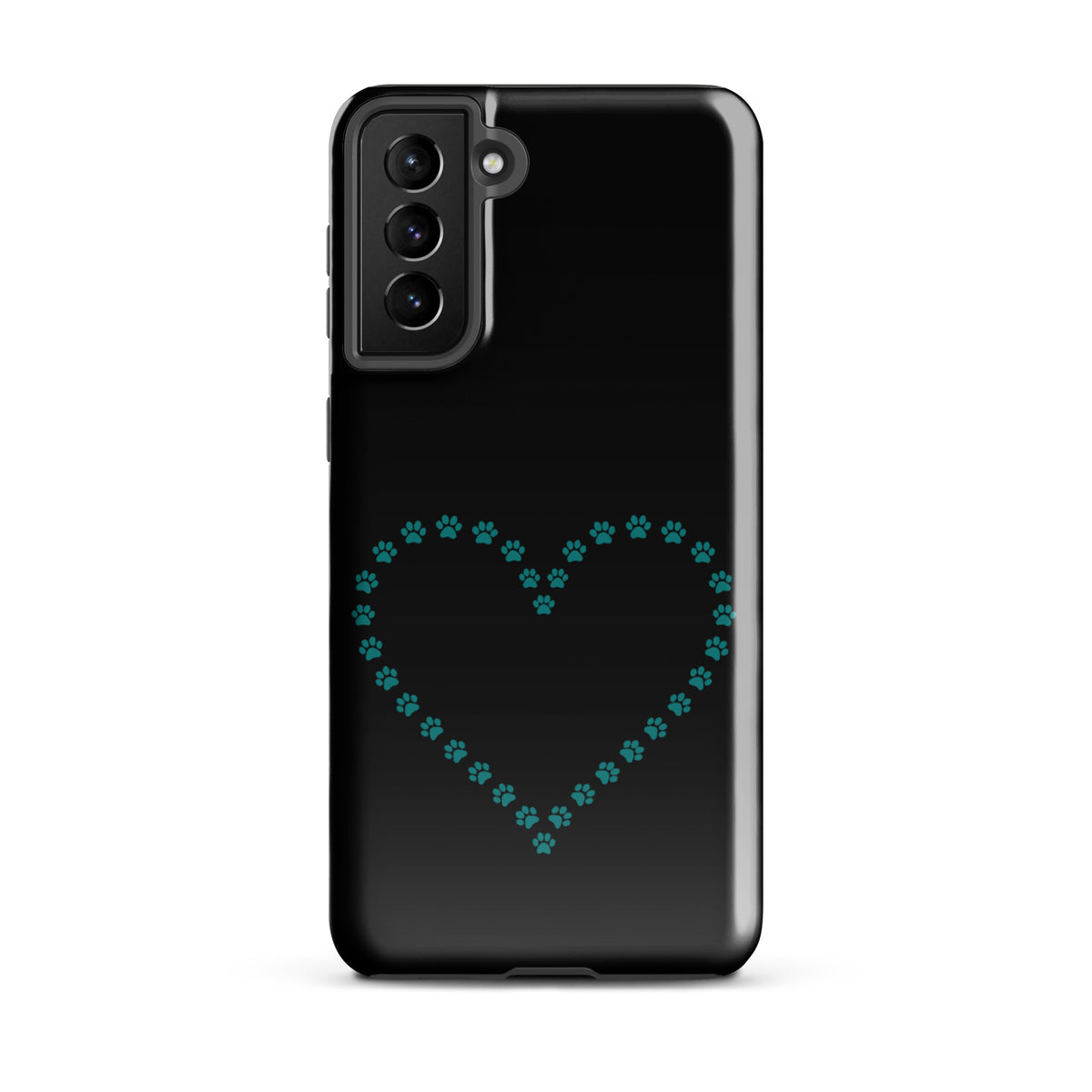 Phone Case for Samsung Galaxy with teal paw print heart design, perfect for pet lovers. Durable protection and stylish design in black.